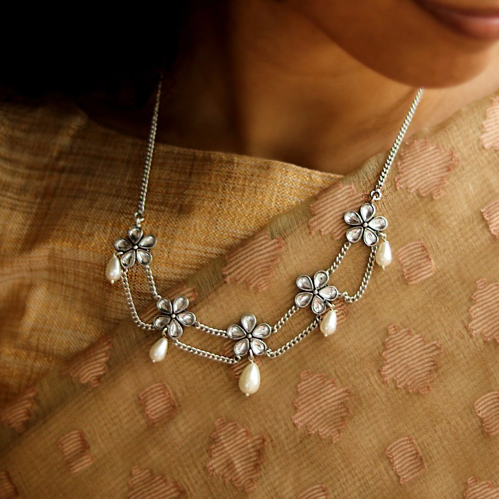 Teejh Floweret Polki Silver Oxidized Pearl Choker Necklace - Image 3