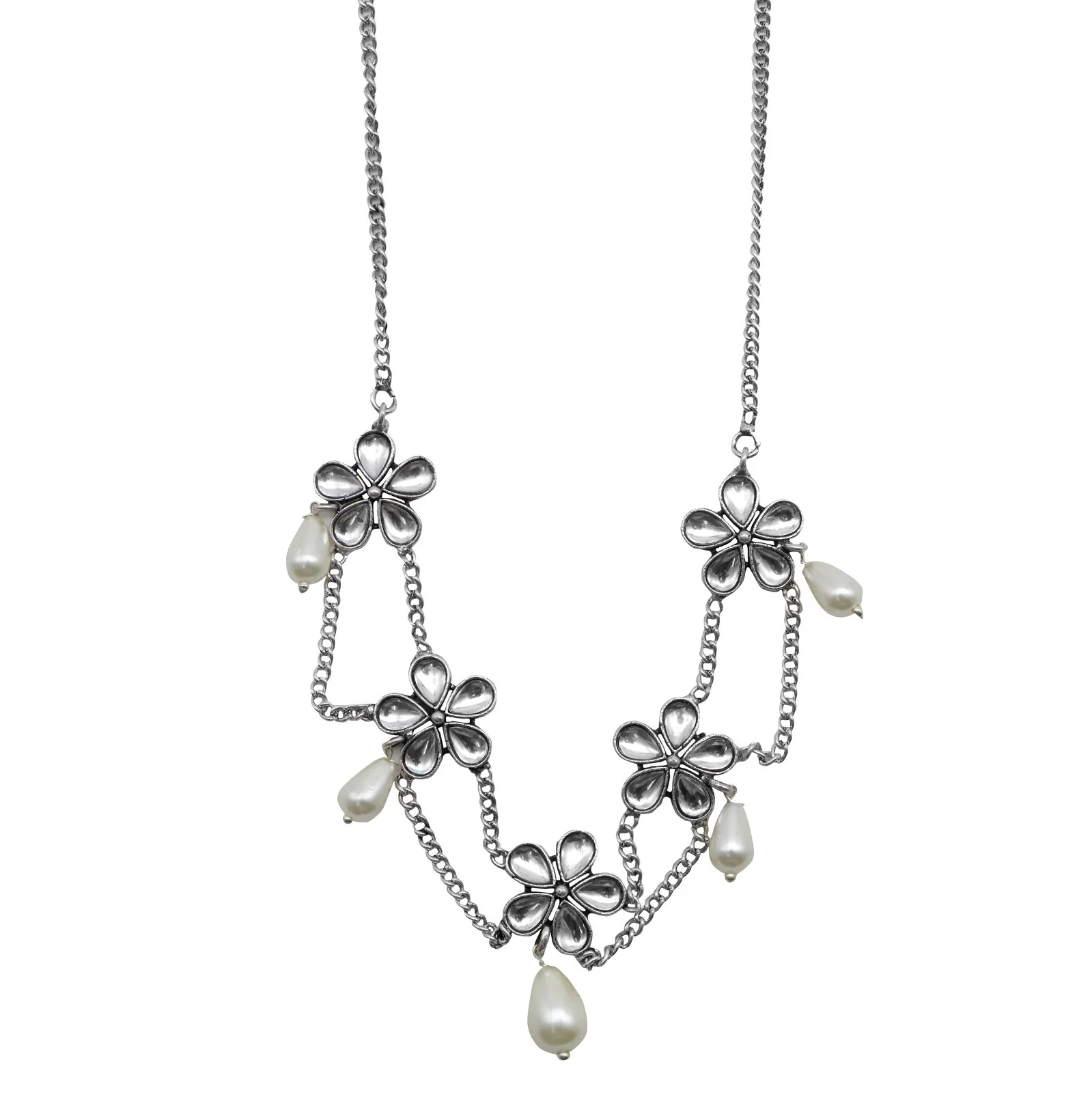 Teejh Floweret Polki Silver Oxidized Pearl Choker Necklace - Image 5
