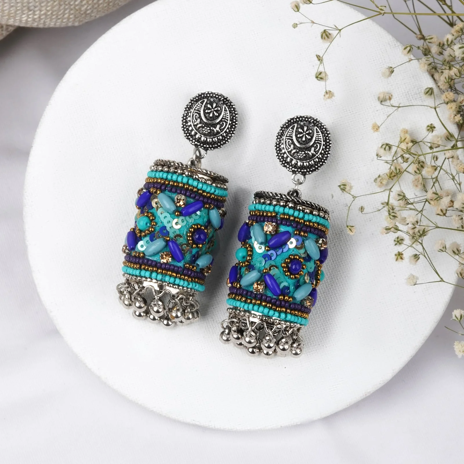 Teejh Ganavi Blue Stone Silver Oxidised Earring - Image 2