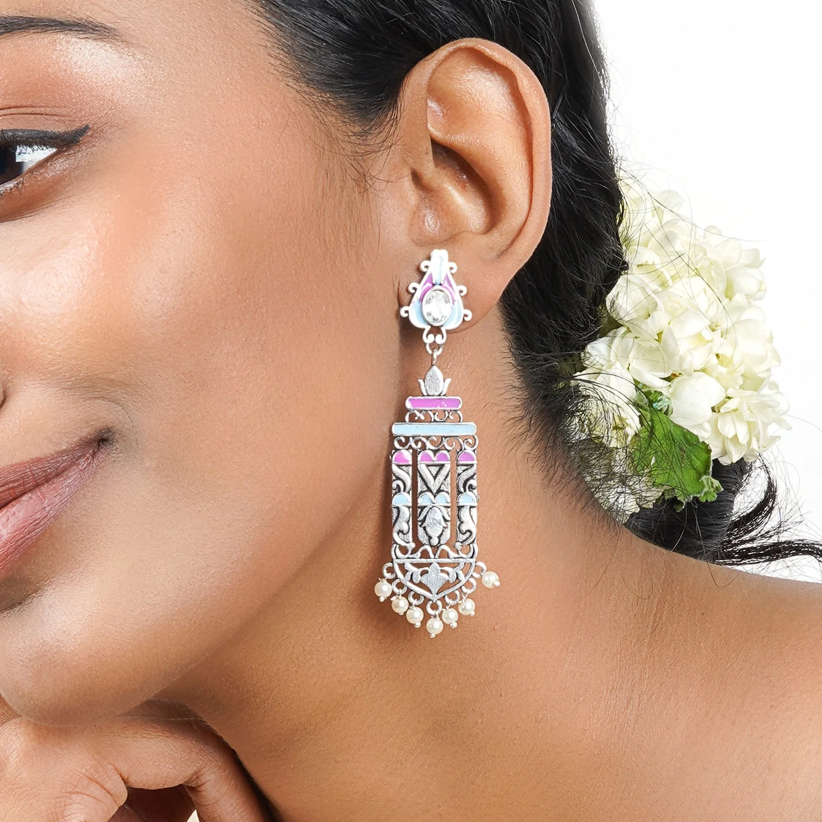 Teejh Heemal Pink and Blue Silver Oxidised Earring - Image 2