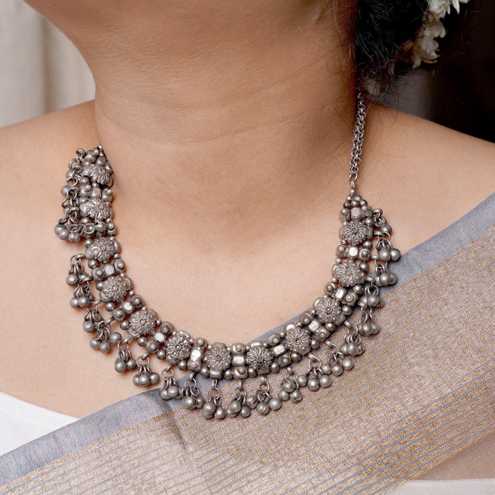 Jiya Floral Silver Oxidised Ghungroo Choker Necklace - Image 2
