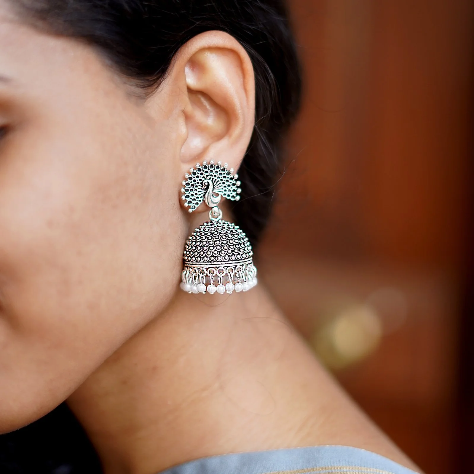 Teejh Kalapi White Silver Oxidized Pearl Jhumki - Image 2