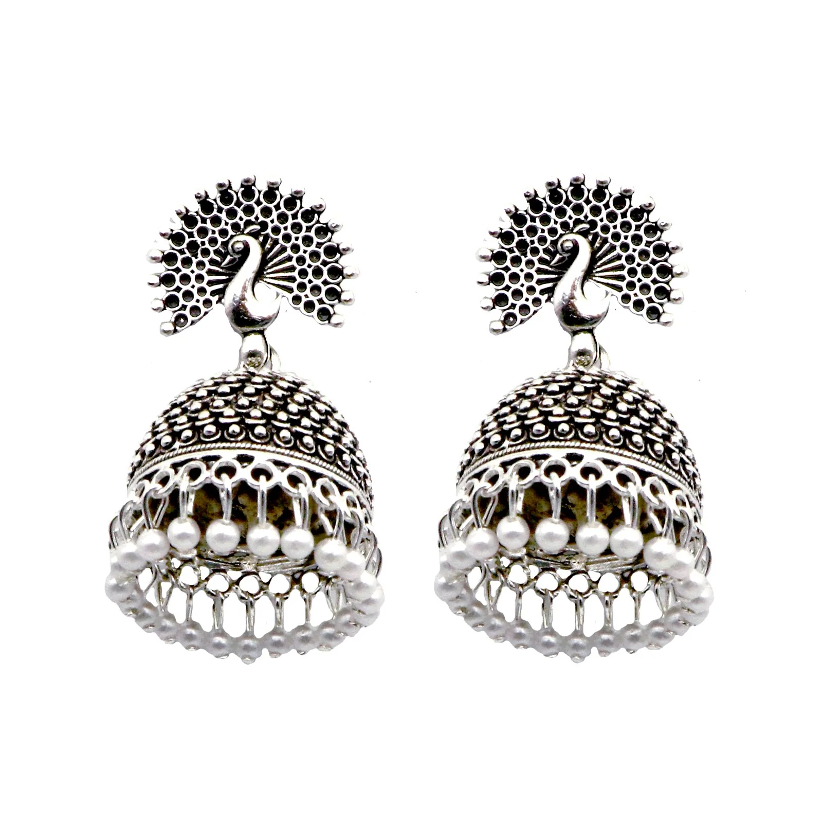 Teejh Kalapi White Silver Oxidized Pearl Jhumki - Image 3
