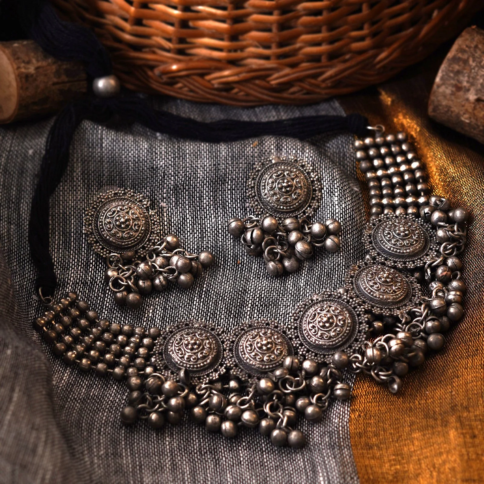 Teejh Kiva Ethnic Silver Oxidised Ghungroo Necklace Set - Image 3