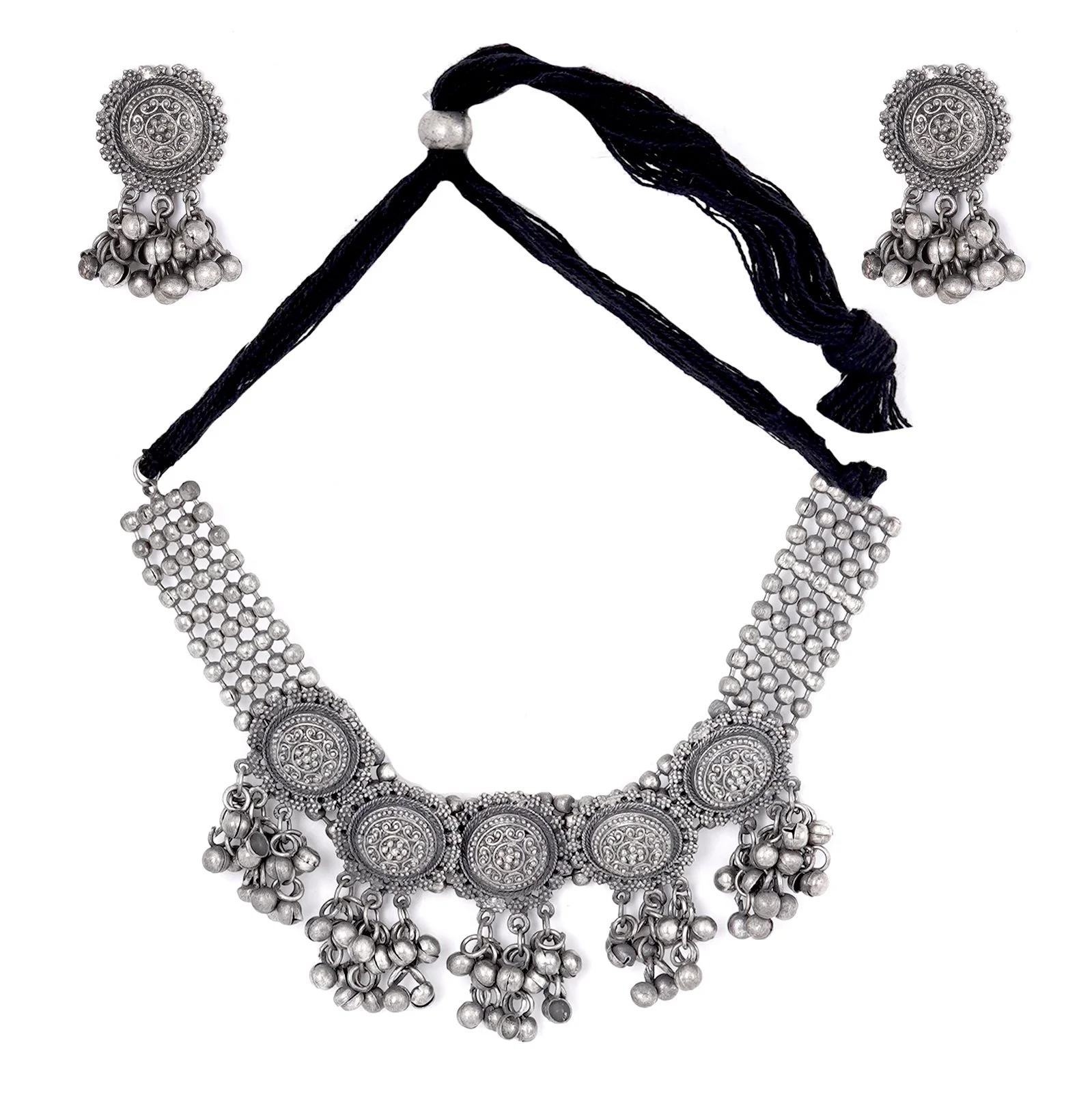 Teejh Kiva Ethnic Silver Oxidised Ghungroo Necklace Set - Image 4