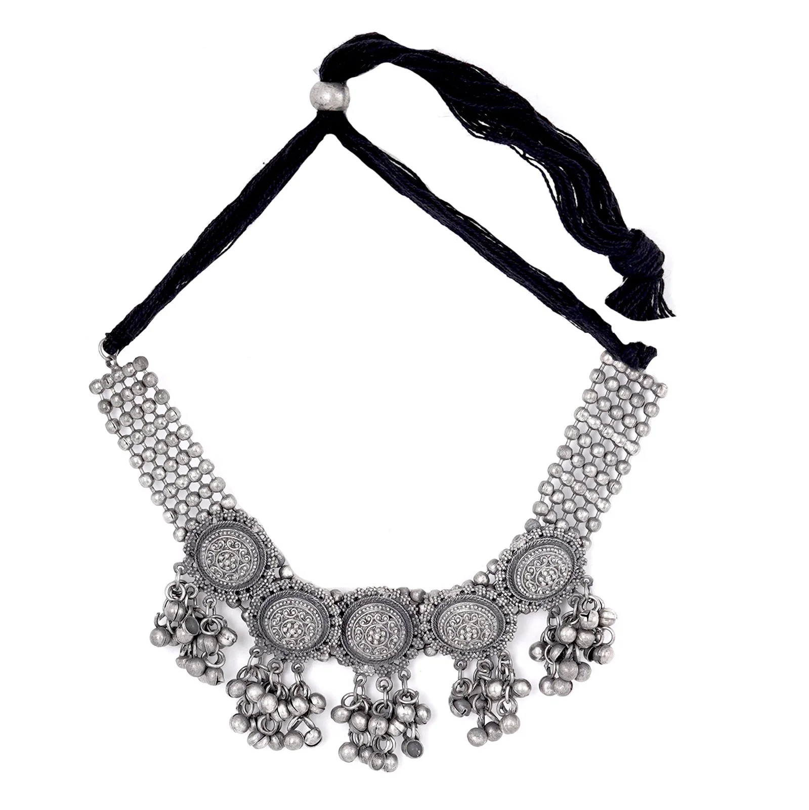 Teejh Kiva Ethnic Silver Oxidised Ghungroo Necklace Set - Image 5