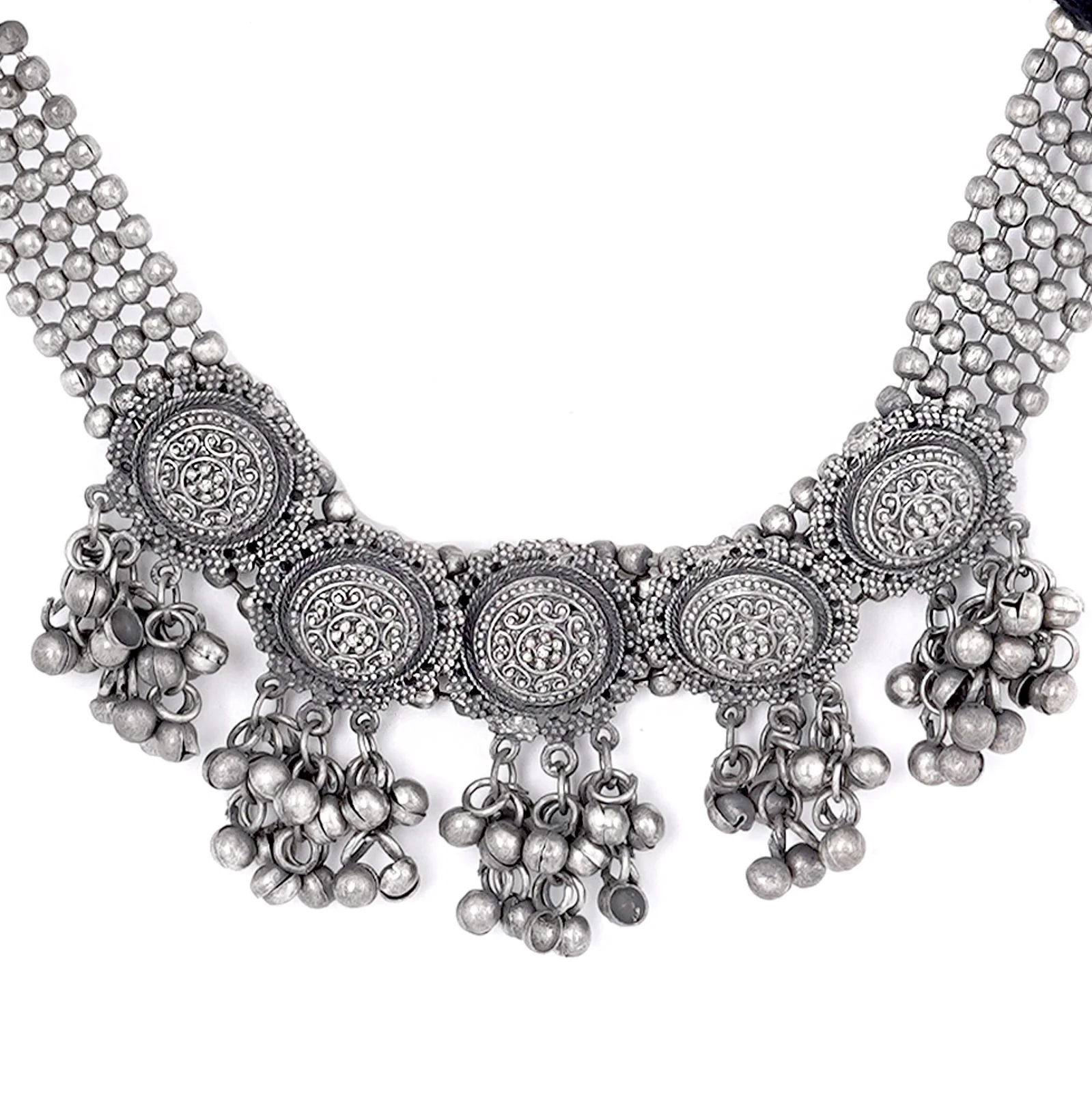 Teejh Kiva Ethnic Silver Oxidised Ghungroo Necklace Set - Image 6