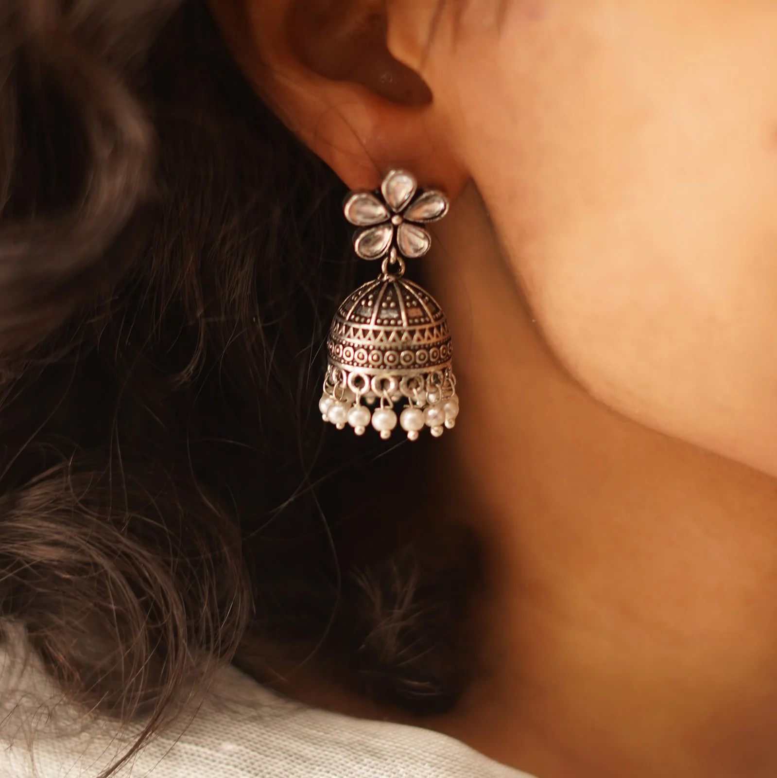 Teejh Luminous Polki Silver Oxidised Pearl Jhumki Earrings - Image 2