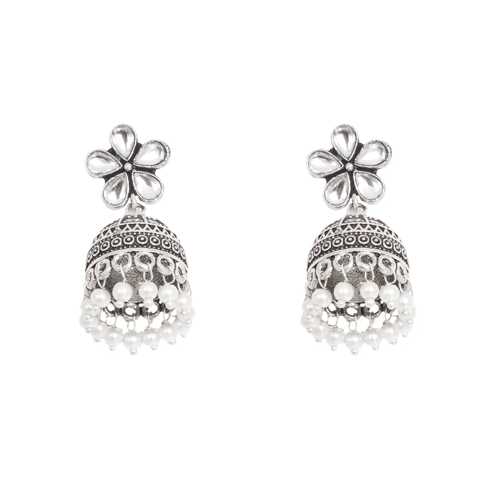 Teejh Luminous Polki Silver Oxidised Pearl Jhumki Earrings - Image 3