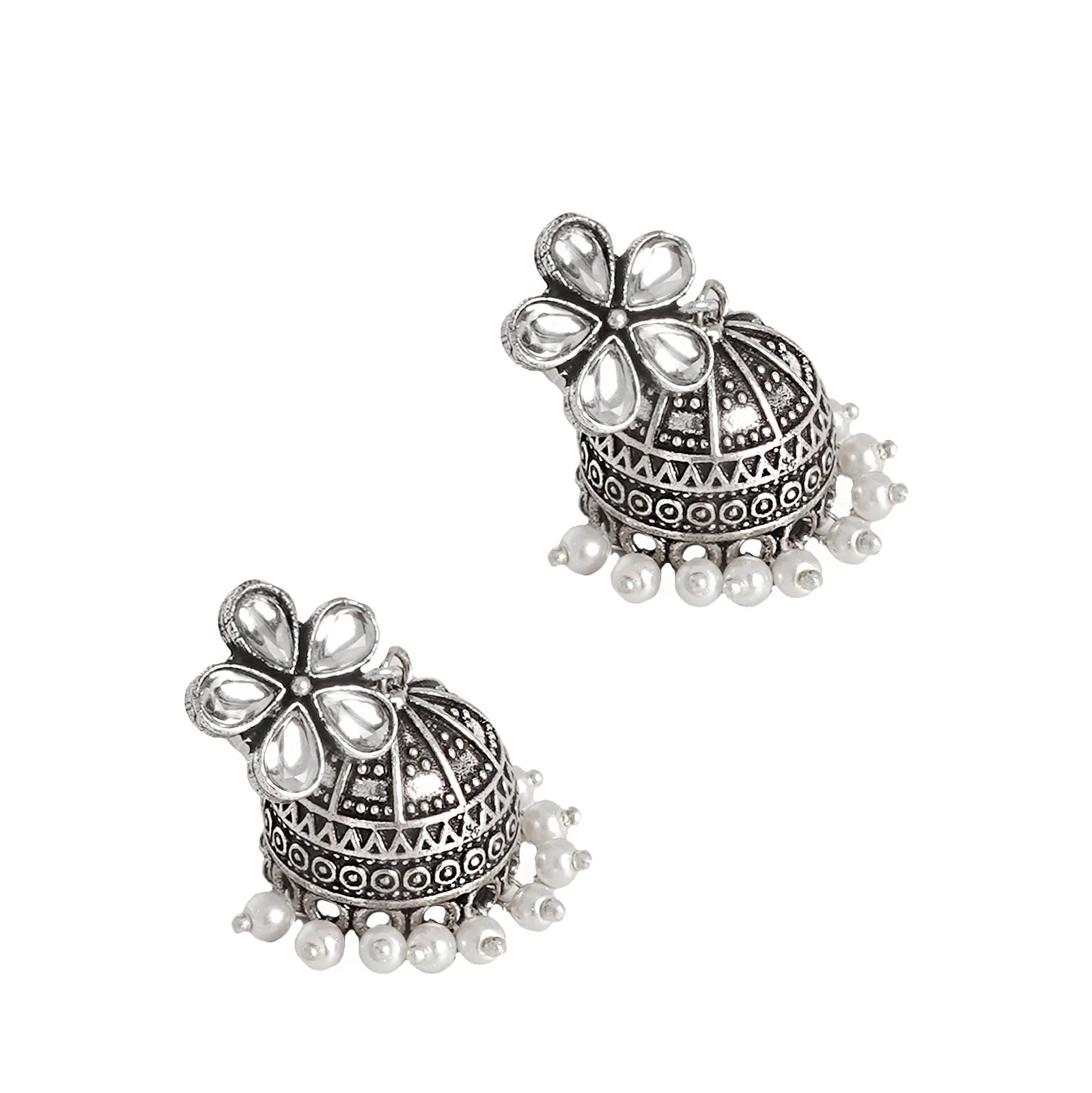 Teejh Luminous Polki Silver Oxidised Pearl Jhumki Earrings - Image 4