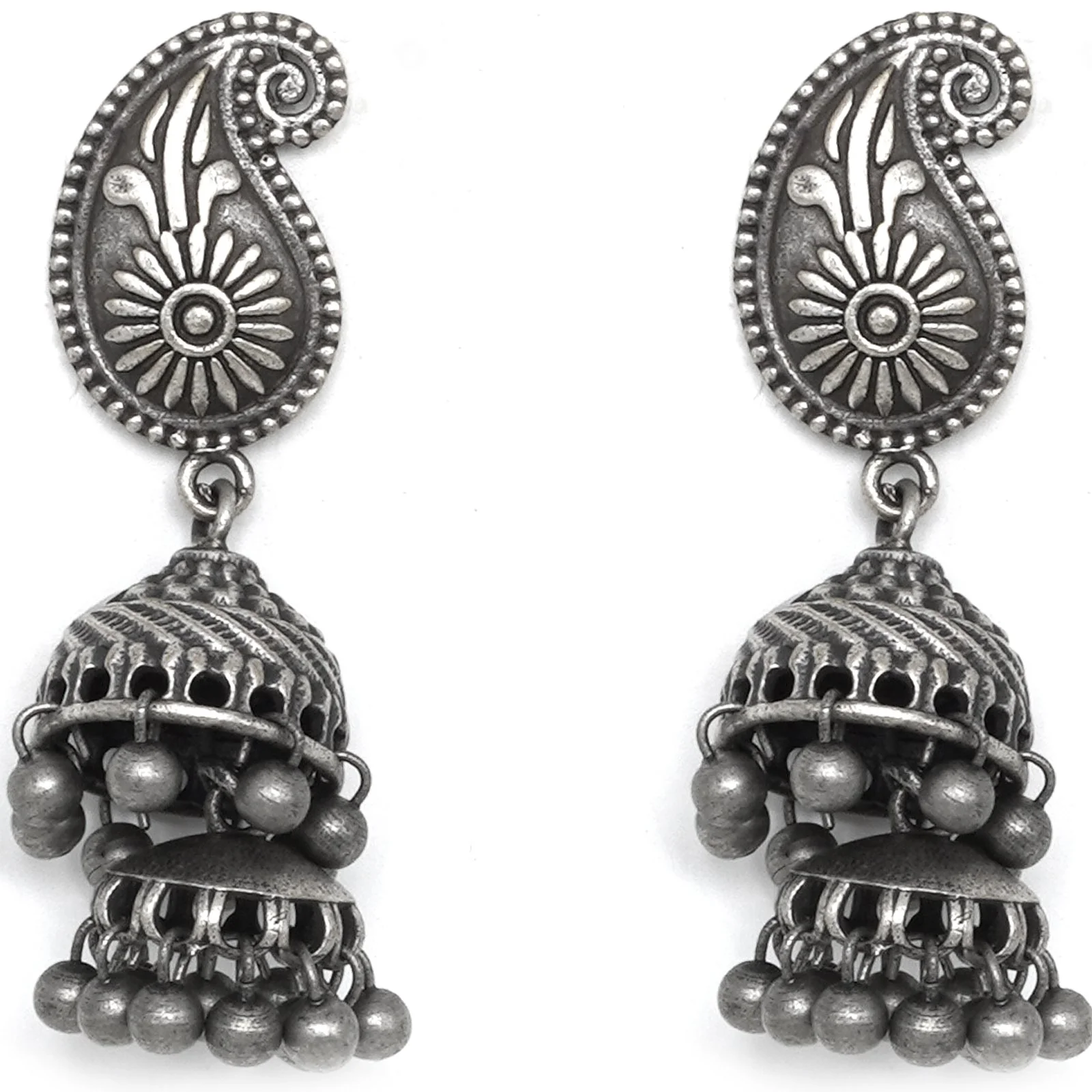 Teejh Mango Butti Silver Oxidised Jhumki - Image 3