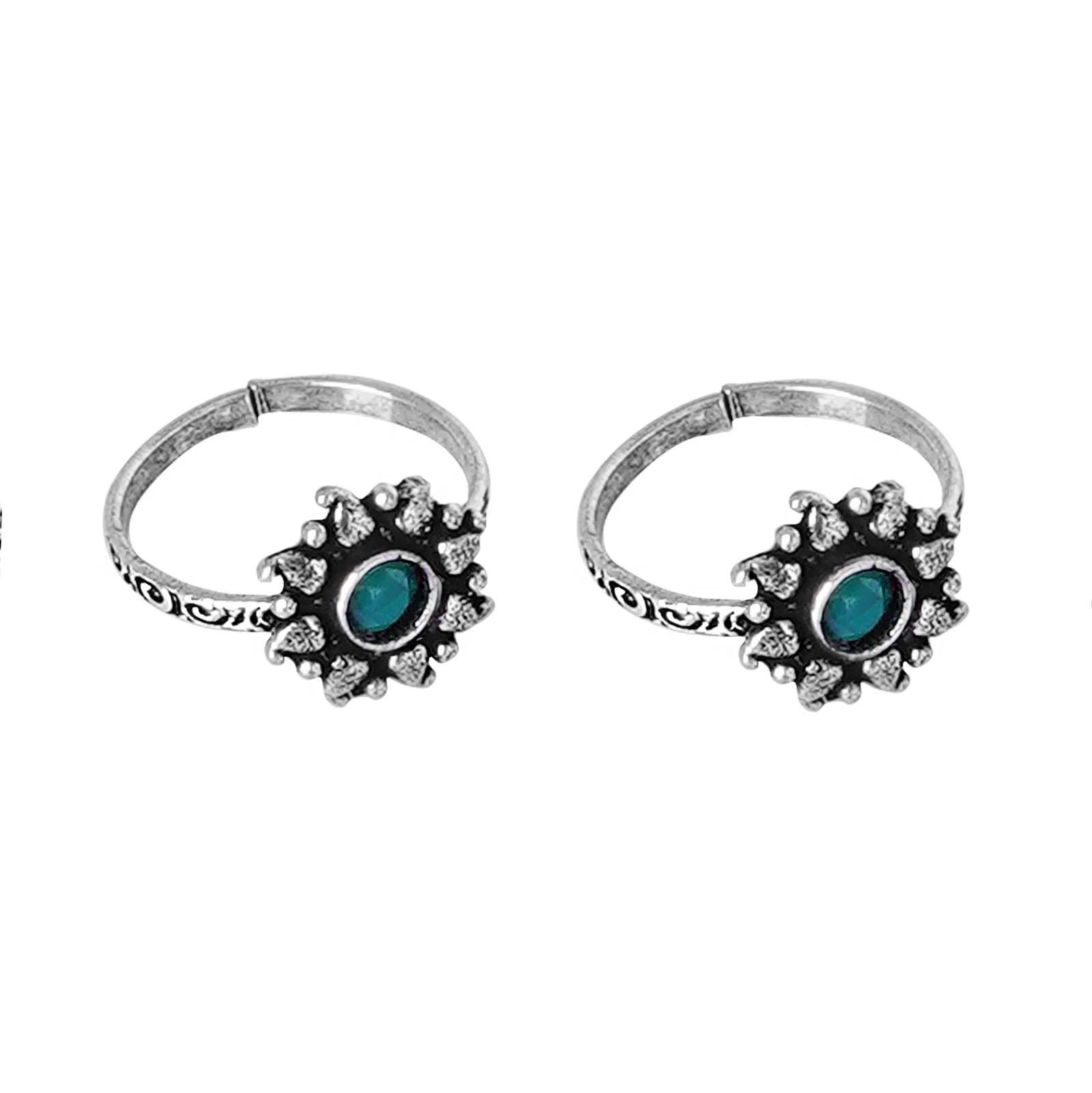 Teejh Miraya Green Stone Silver Oxidised Toe Rings - Image 5