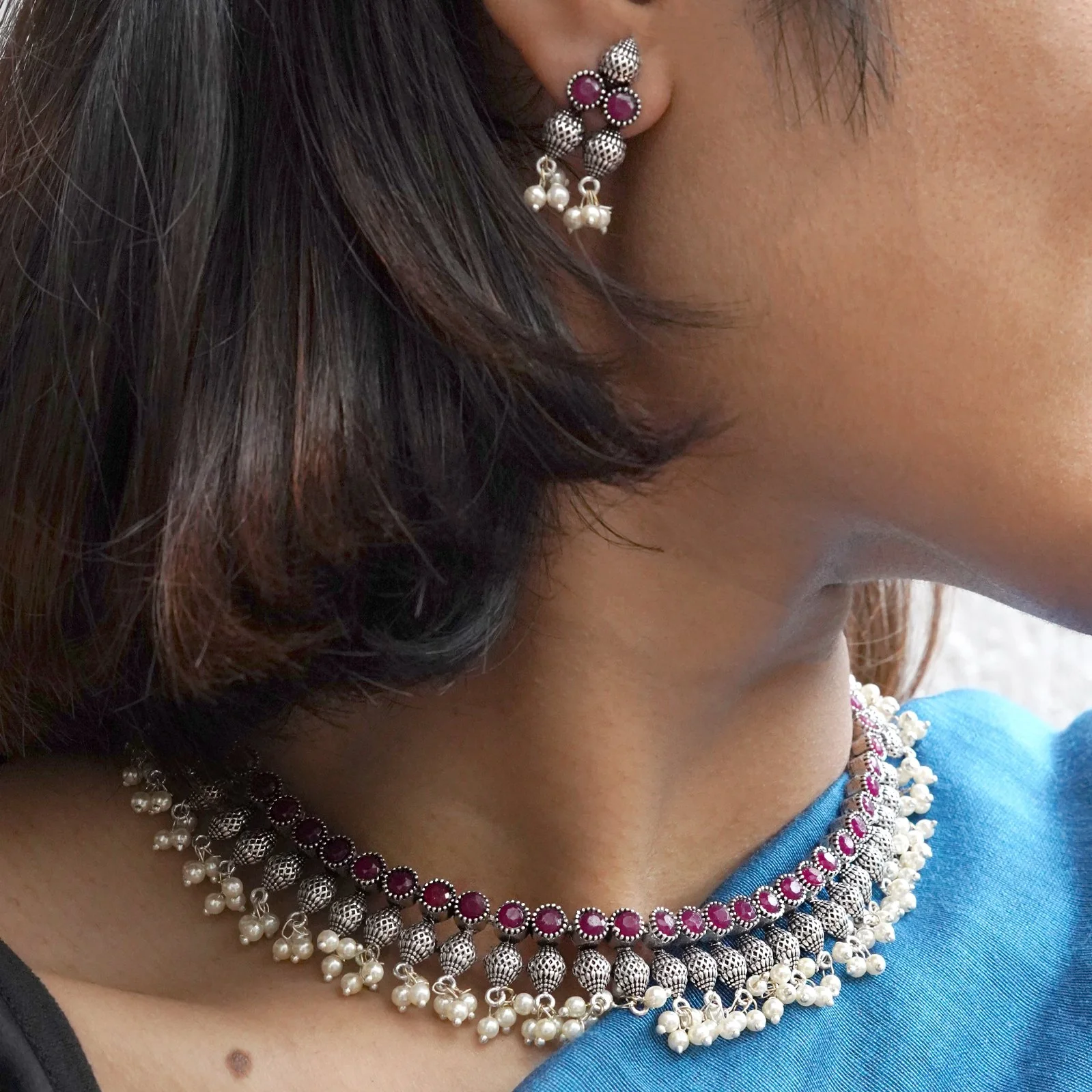 Teejh Mitali Rani Pink Stone Choker Necklace Set - Image 2