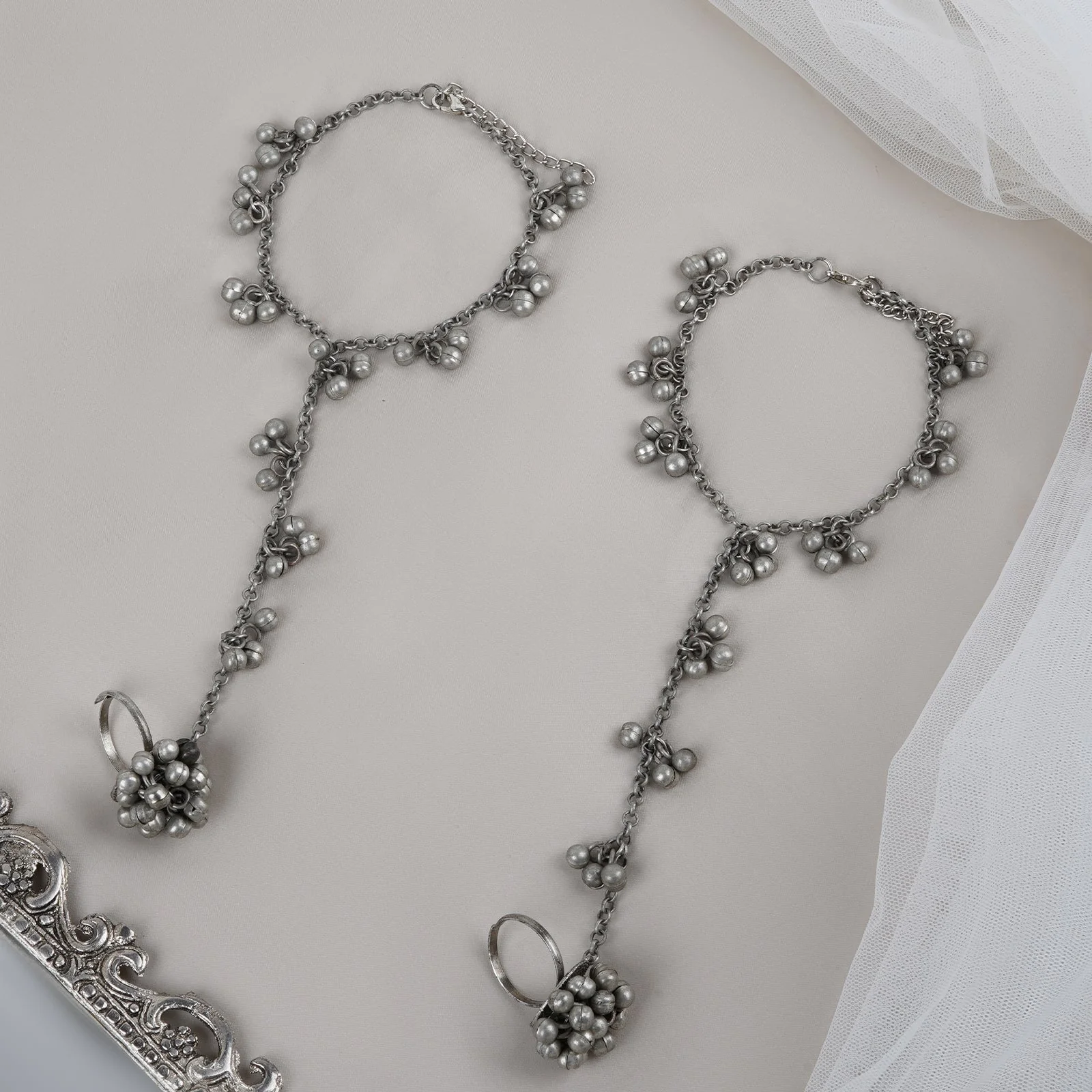 Teejh Mukkho Silver Oxidised Ghungroo Anklet - Image 2