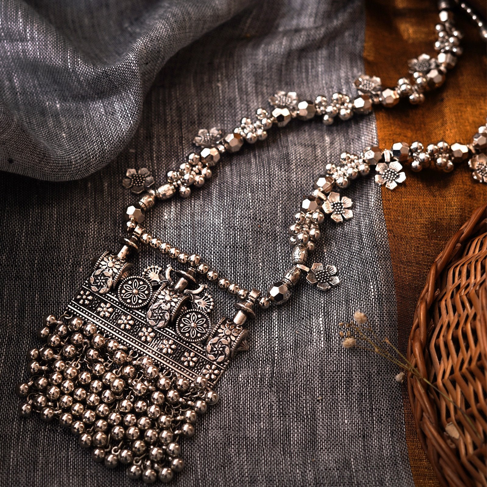 Teejh Nihan Ethnic Silver Oxidised ghungroo Long necklace - Image 2