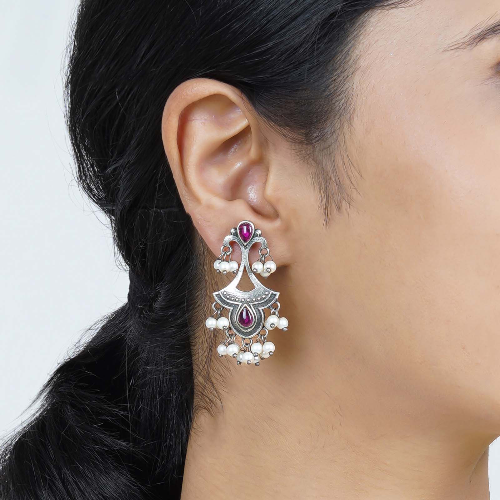 Teejh Nilay Red Stone Silver Oxidised Earring - Image 2