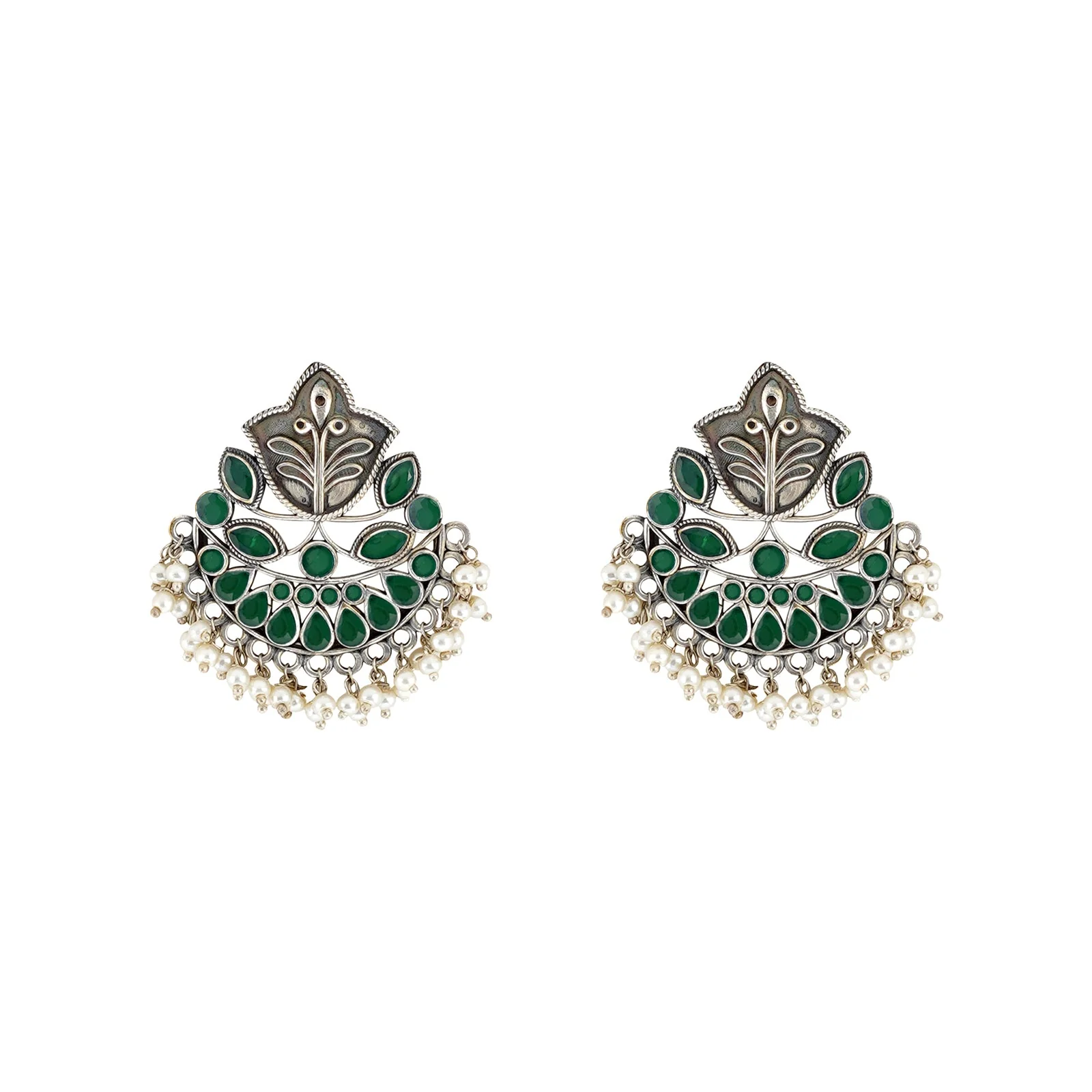 Teejh Nimrat Green Stone Silver Oxidised Earrings - Image 3