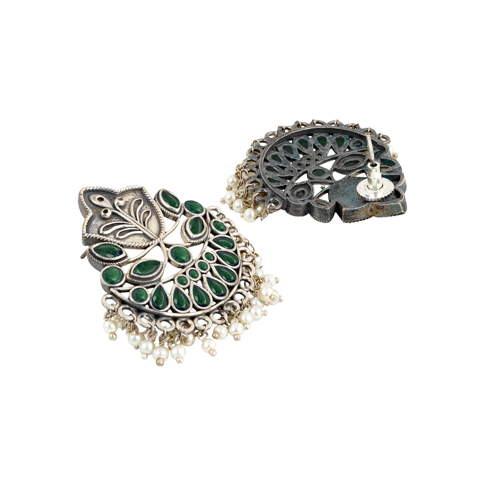 Teejh Nimrat Green Stone Silver Oxidised Earrings - Image 5