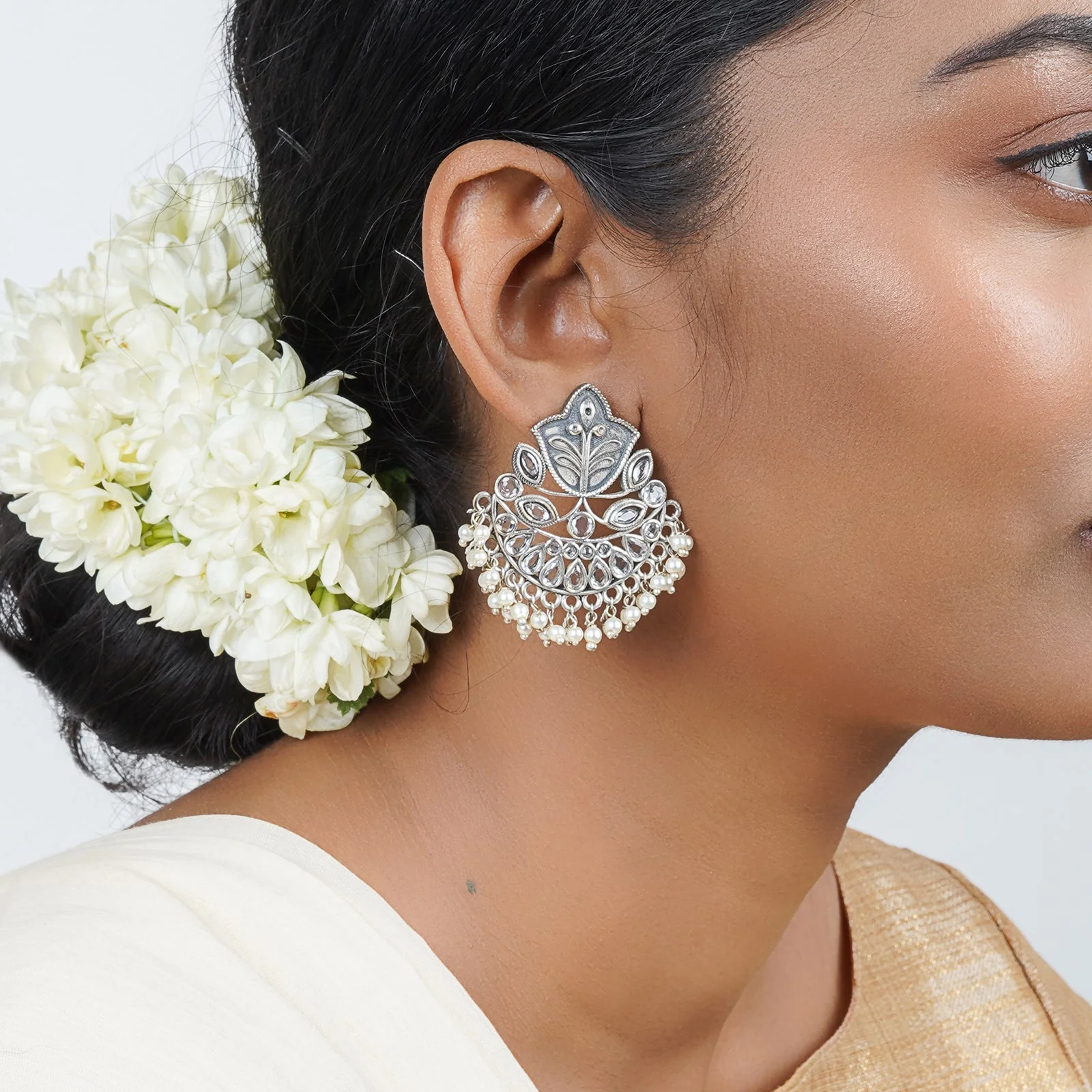 Teejh Nimrat White Stone Silver Oxidised Earrings - Image 2