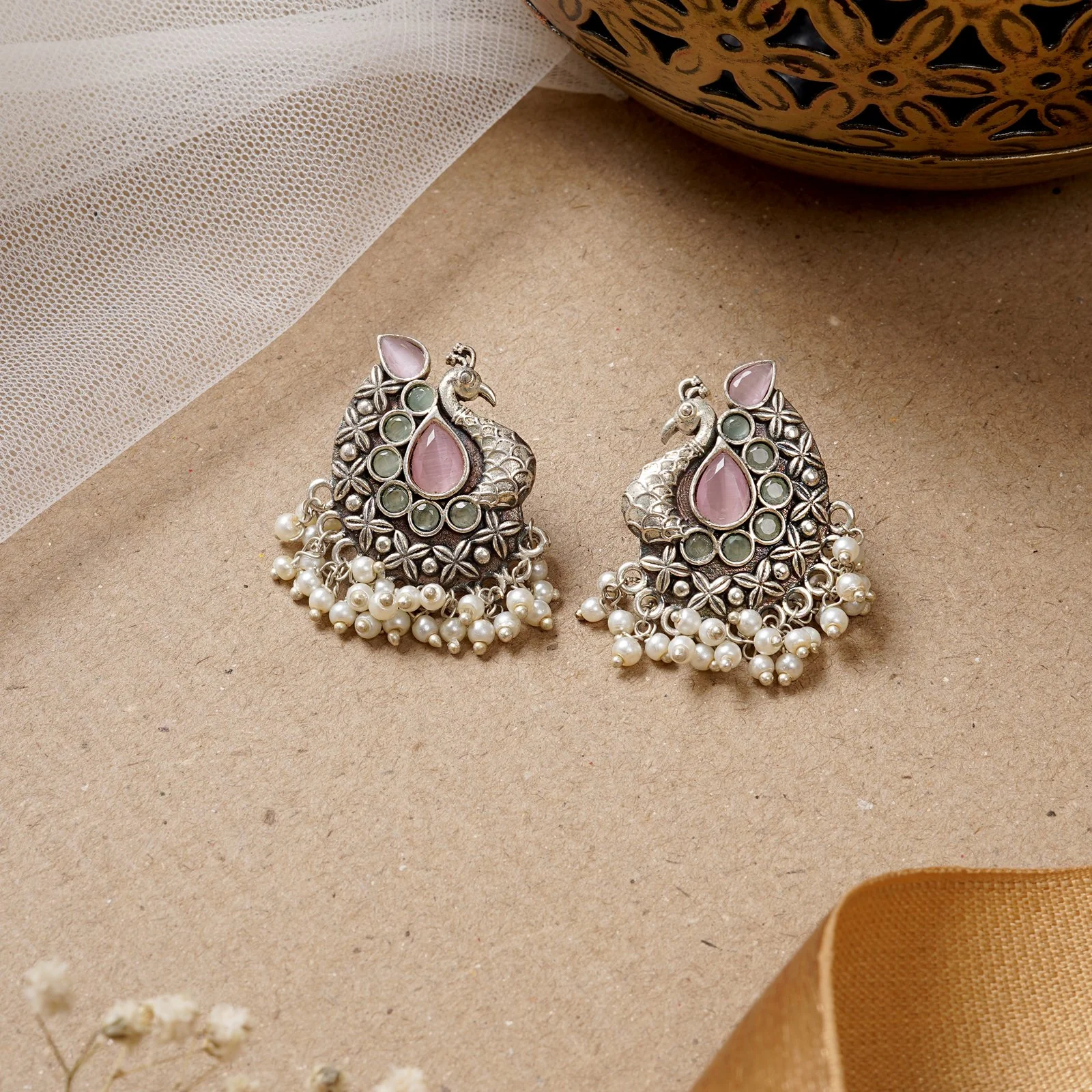 Teejh Nirali  Pink & White Silver Oxidised Earrings - Image 2