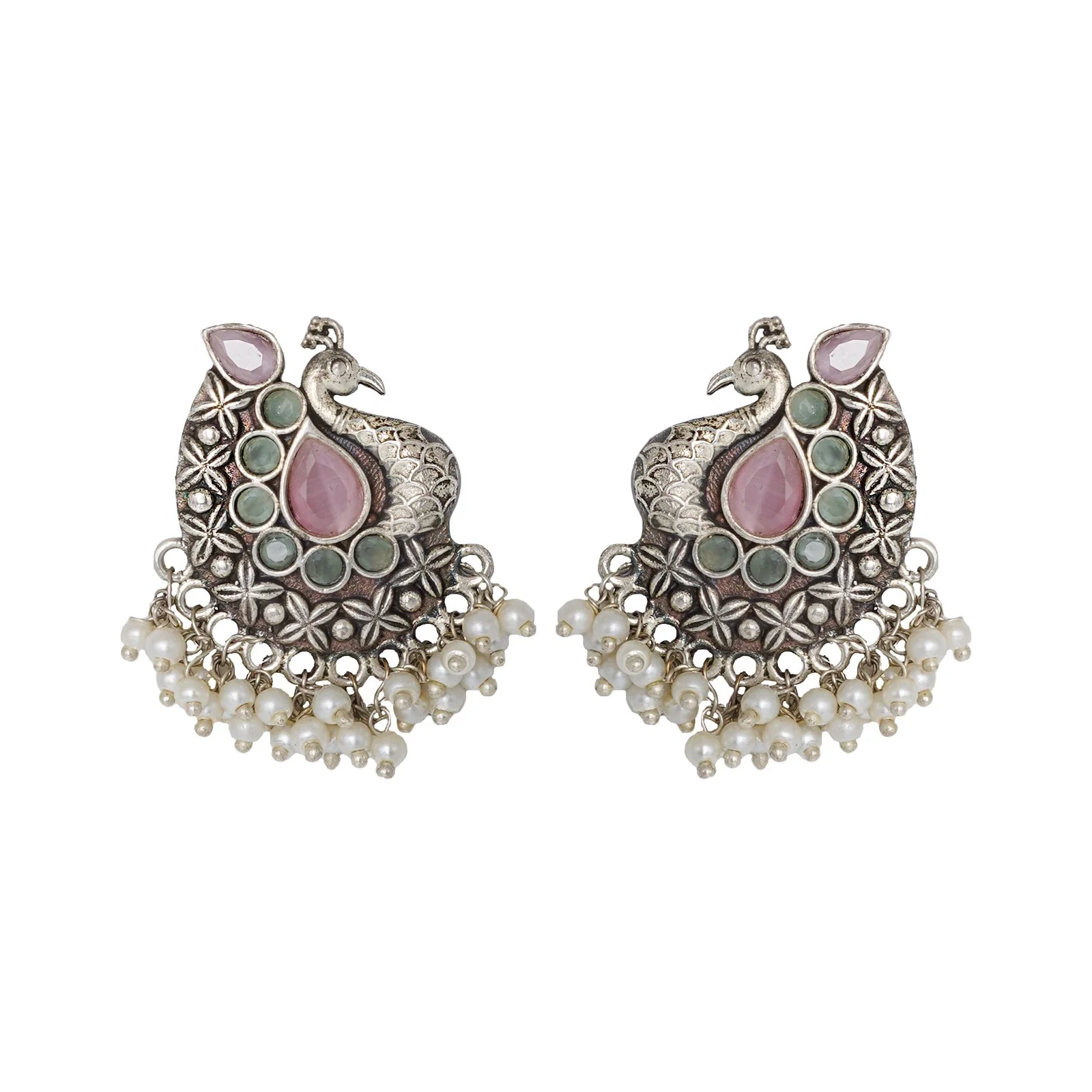 Teejh Nirali  Pink & White Silver Oxidised Earrings - Image 3