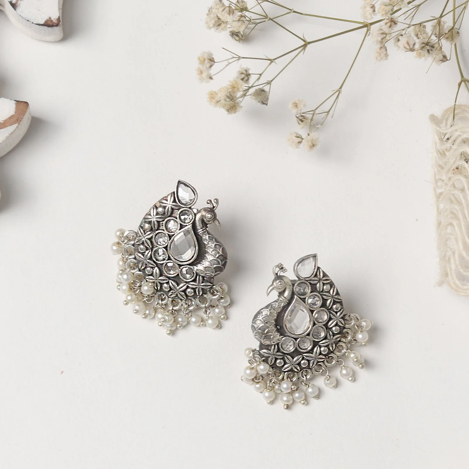 Teejh Nirali White Silver Oxidised Earrings - Image 2