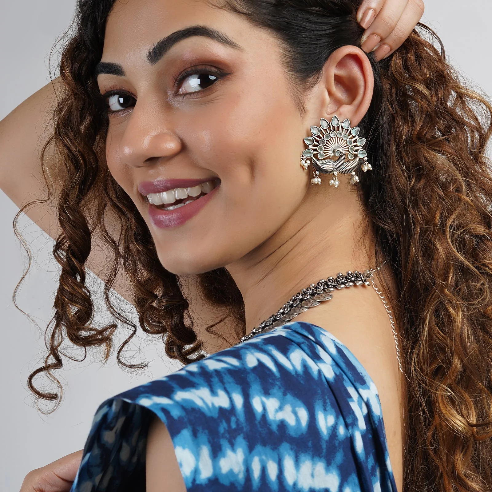 Teejh Nirwanshi Light Green Peacock Silver Oxidised Earring - Image 2