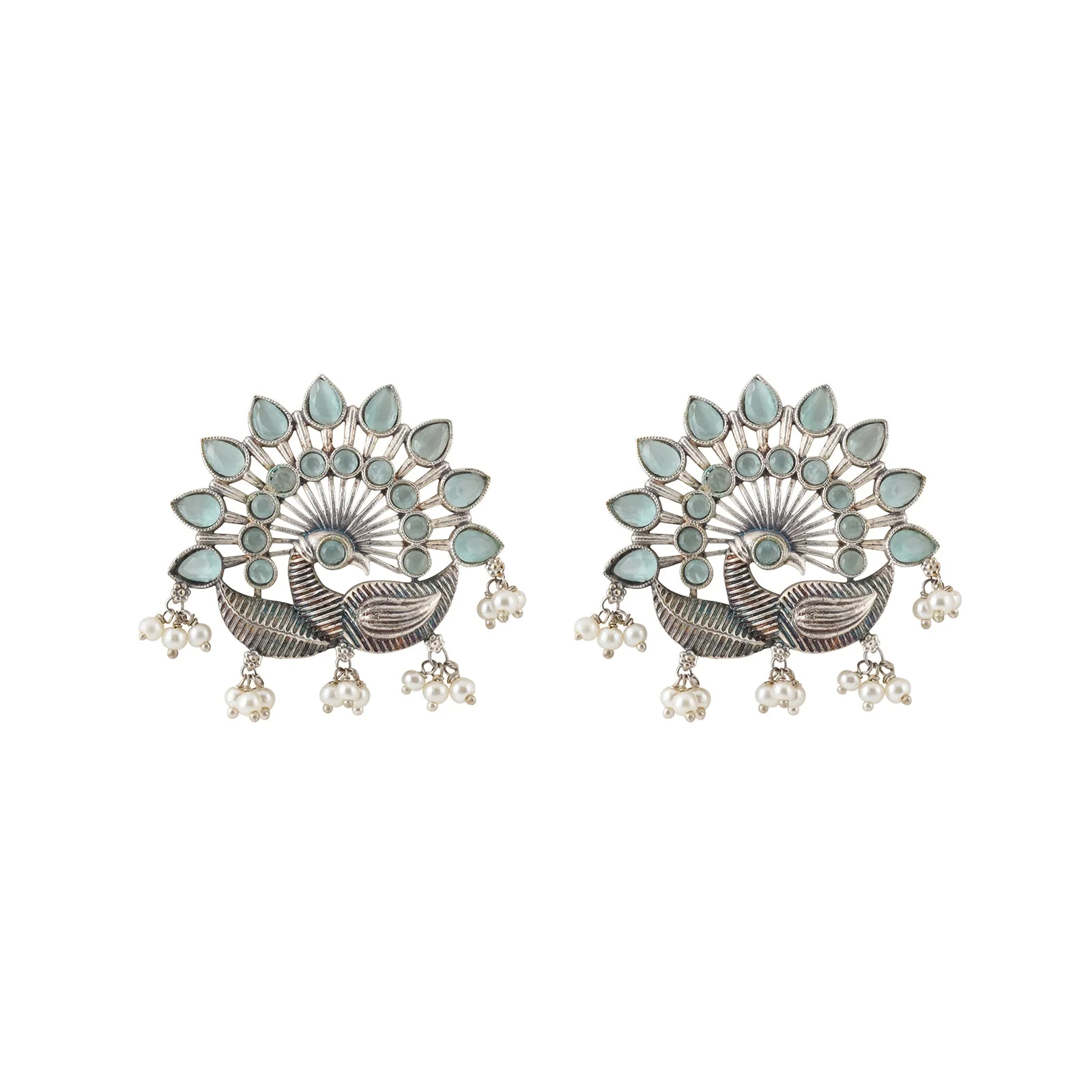 Teejh Nirwanshi Light Green Peacock Silver Oxidised Earring - Image 3