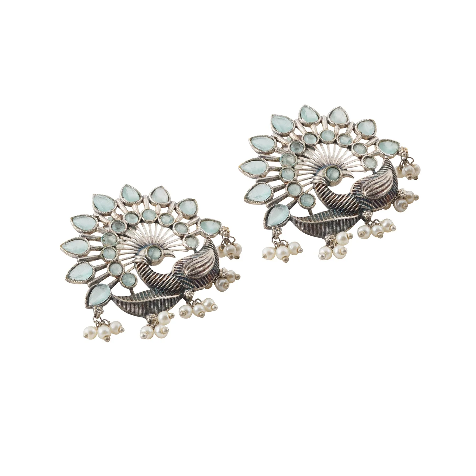 Teejh Nirwanshi Light Green Peacock Silver Oxidised Earring - Image 4