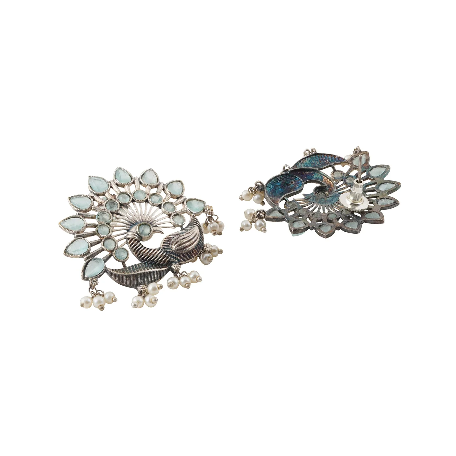 Teejh Nirwanshi Light Green Peacock Silver Oxidised Earring - Image 5
