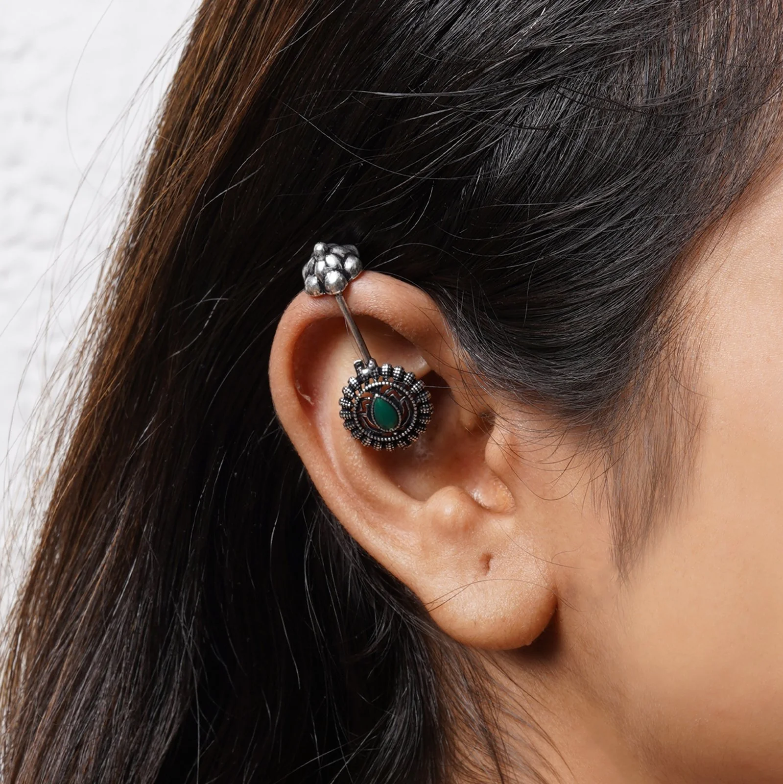 Teejh Nitara Green Stone Silver Oxidised Clip On Bugadi