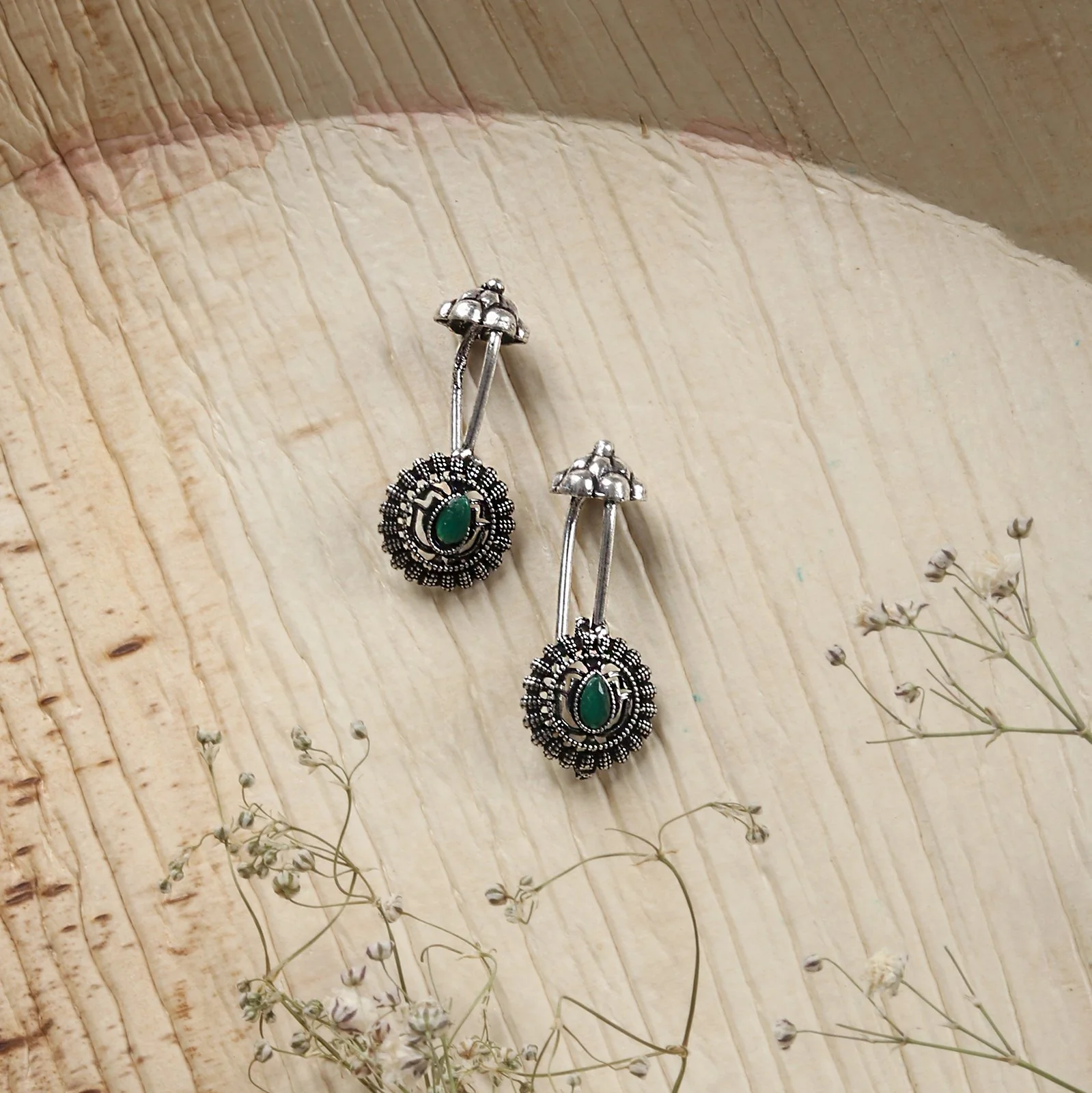 Teejh Nitara Green Stone Silver Oxidised Clip On Bugadi - Image 2