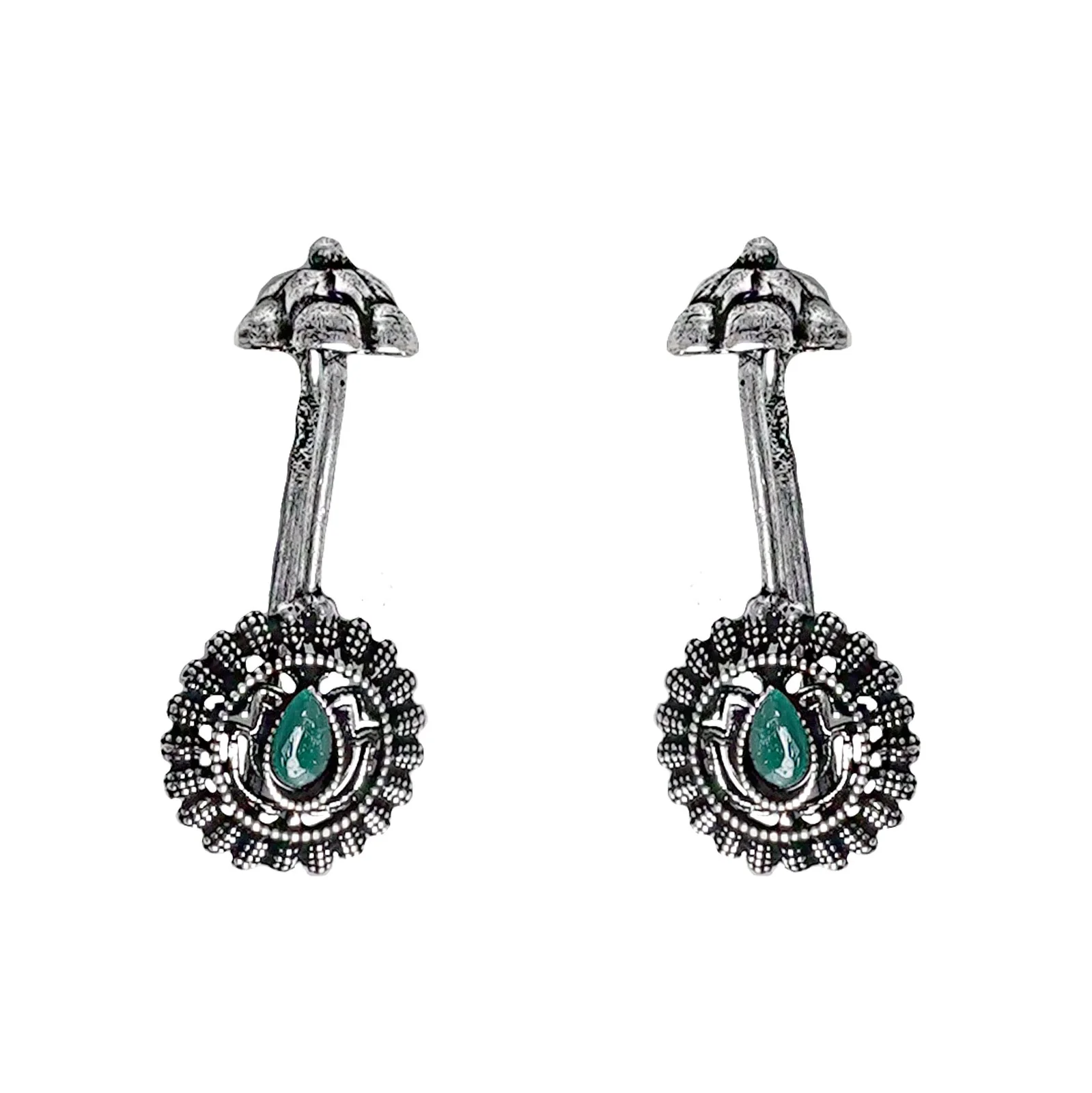 Teejh Nitara Green Stone Silver Oxidised Clip On Bugadi - Image 3