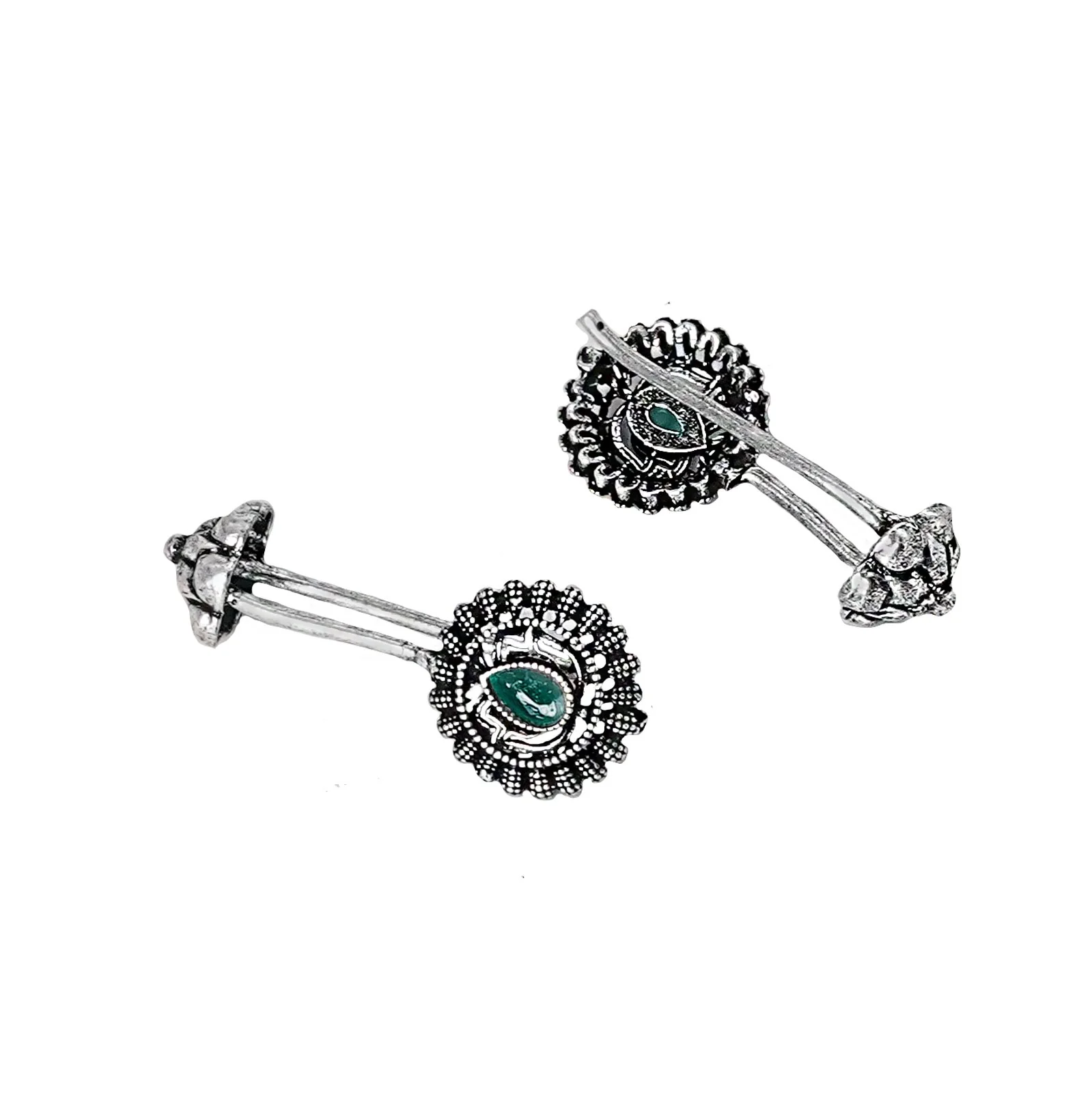 Teejh Nitara Green Stone Silver Oxidised Clip On Bugadi - Image 5