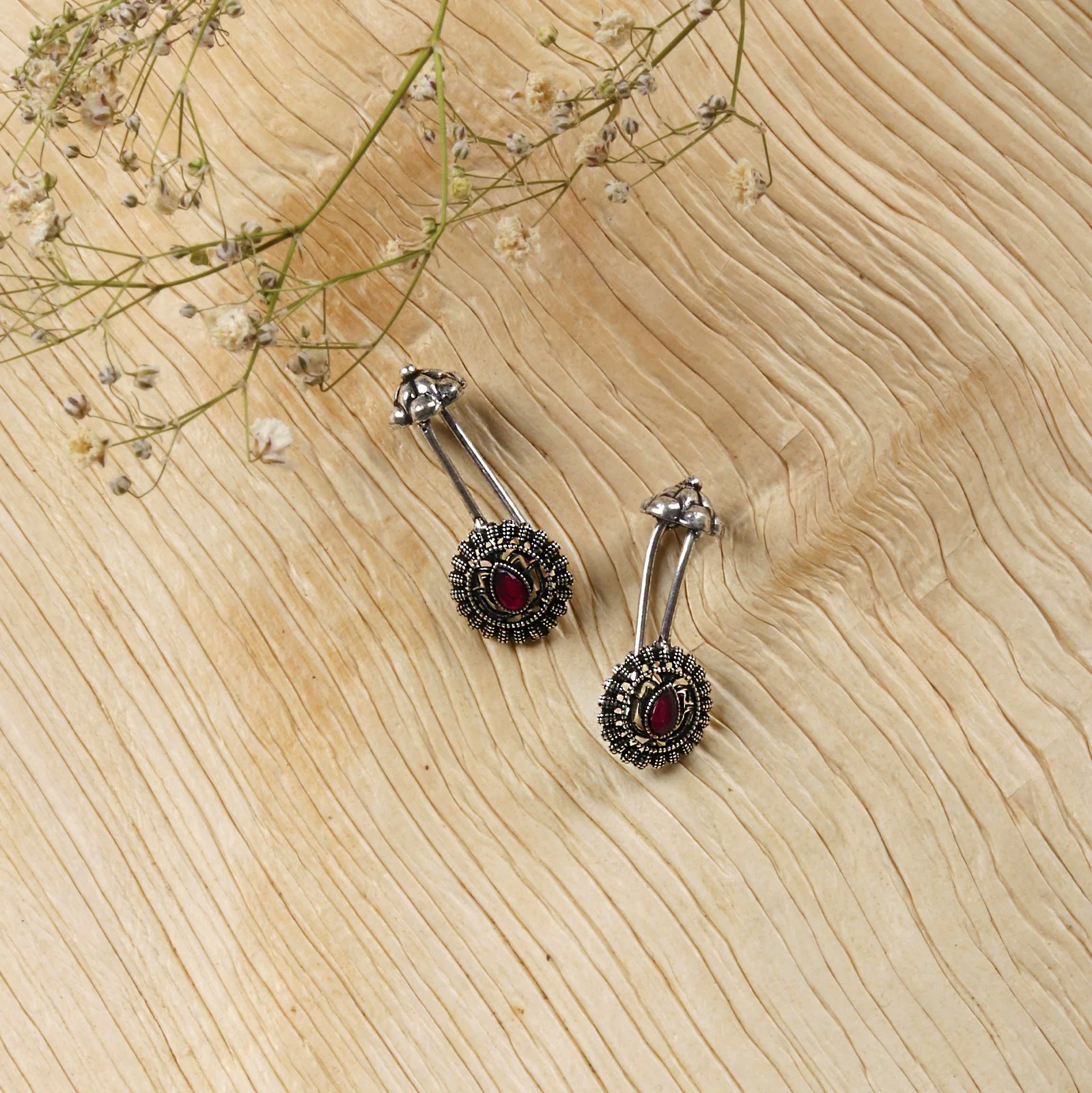Teejh  Nitara Red Stone Silver Oxidised Clip On Bugadi - Image 2