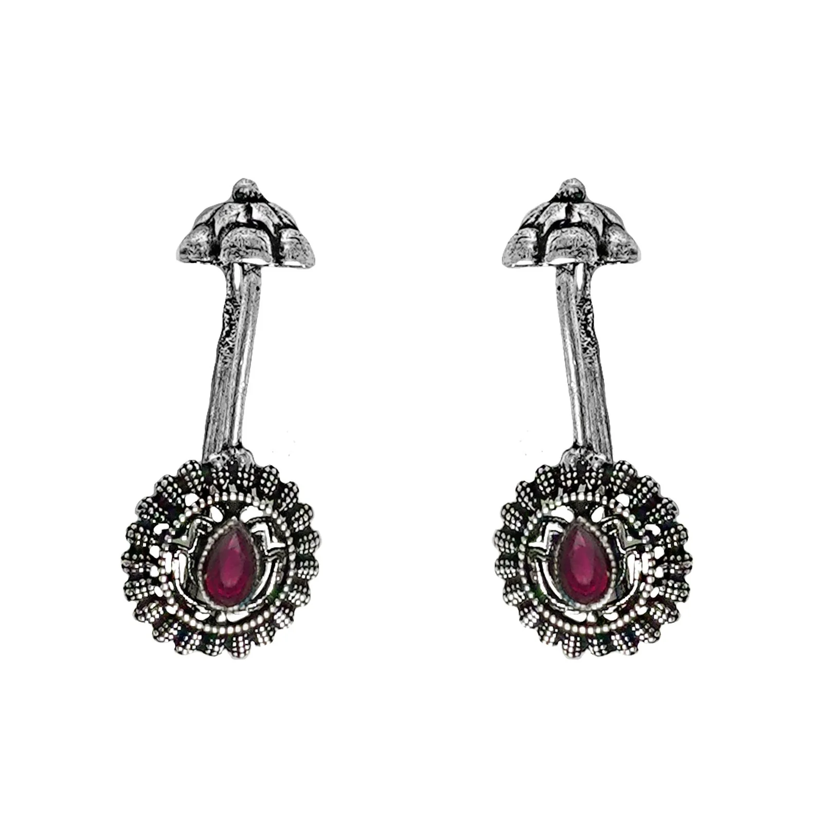 Teejh  Nitara Red Stone Silver Oxidised Clip On Bugadi - Image 3