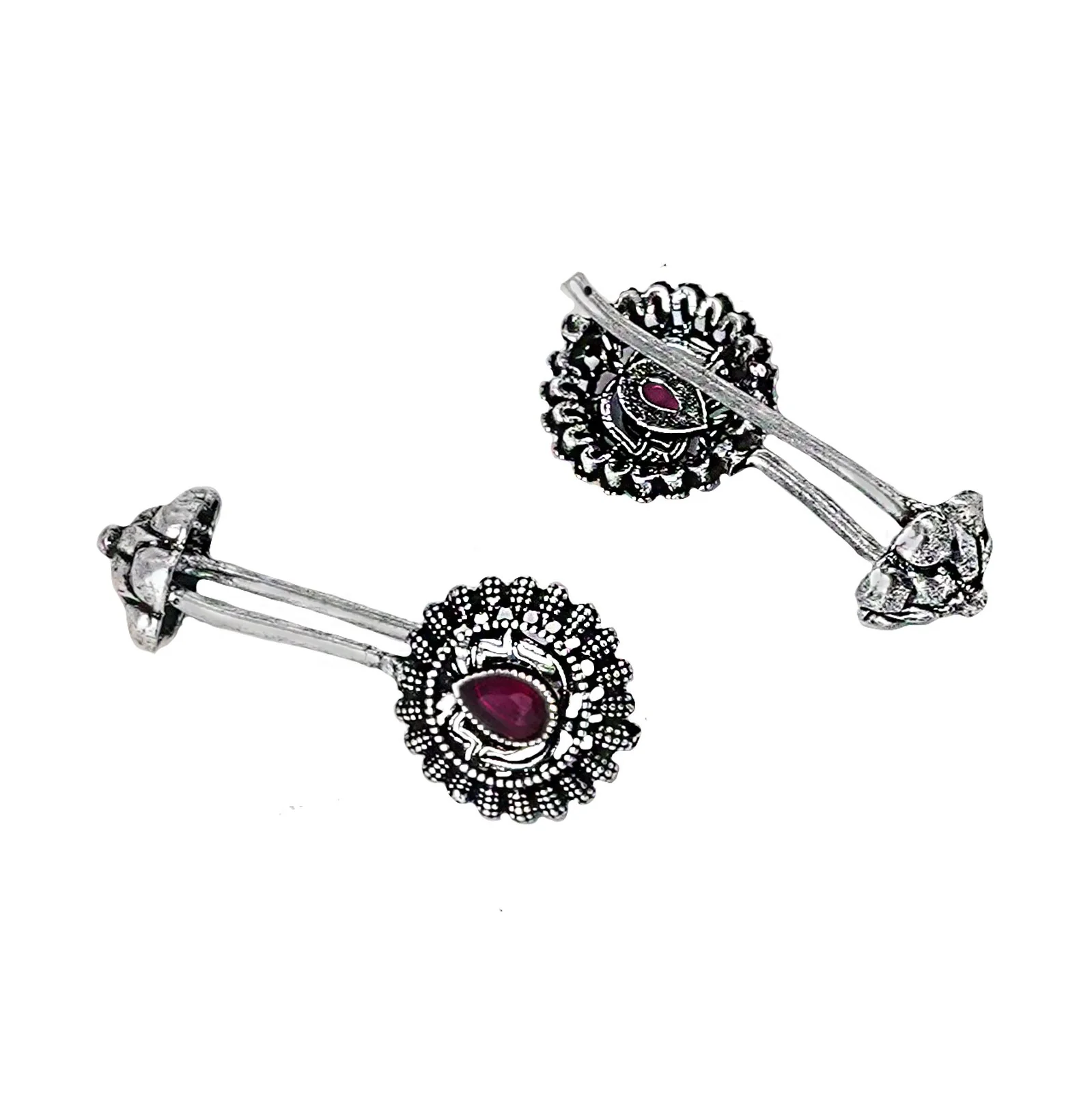 Teejh  Nitara Red Stone Silver Oxidised Clip On Bugadi - Image 5