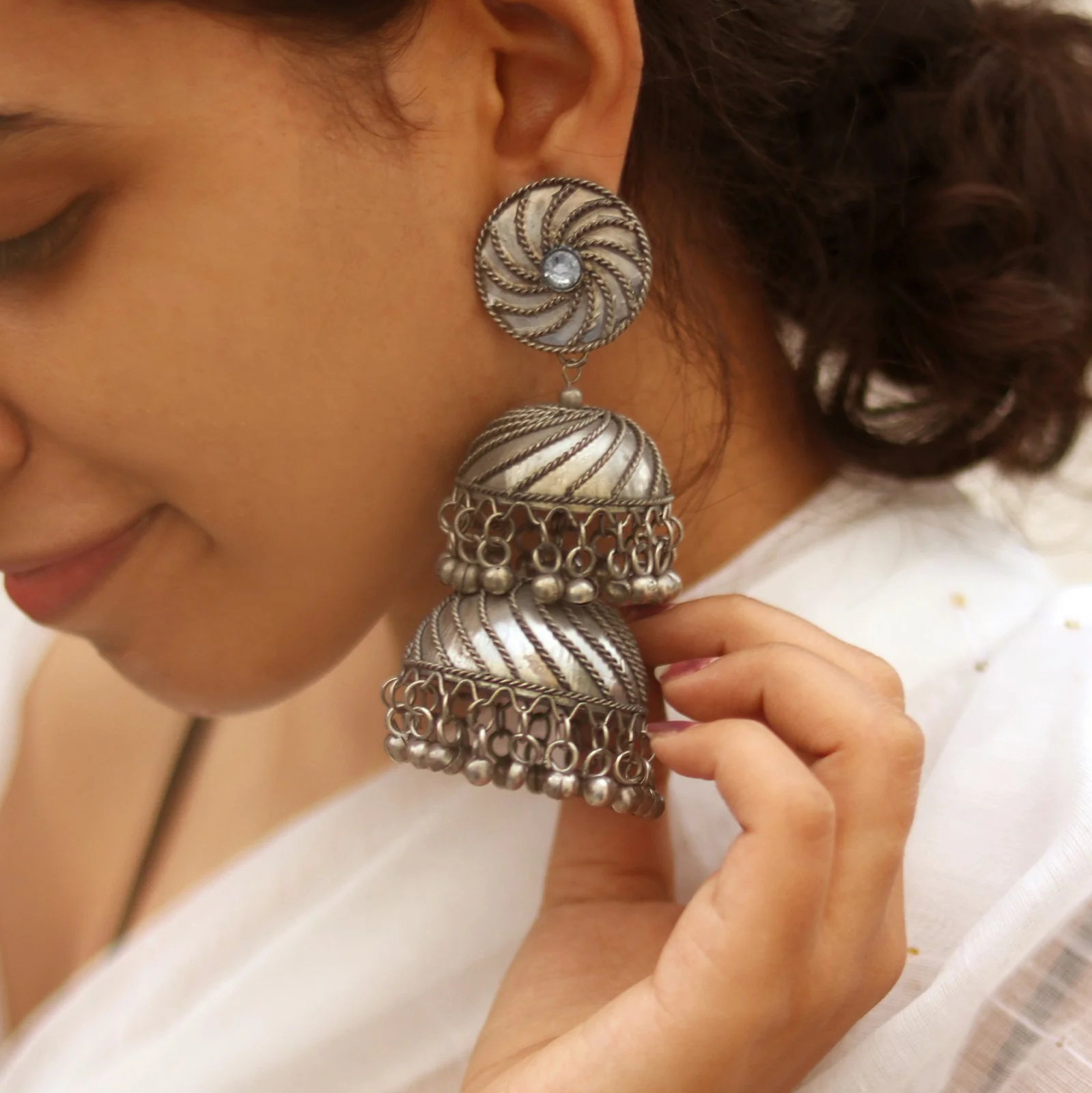 Teejh Oishi Silver Oxidised Jhumkis - Image 2
