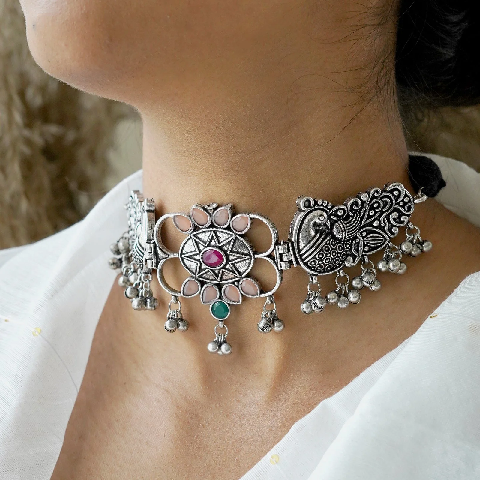 Teejh Parul Orange Peacock Choker Necklace - Image 2