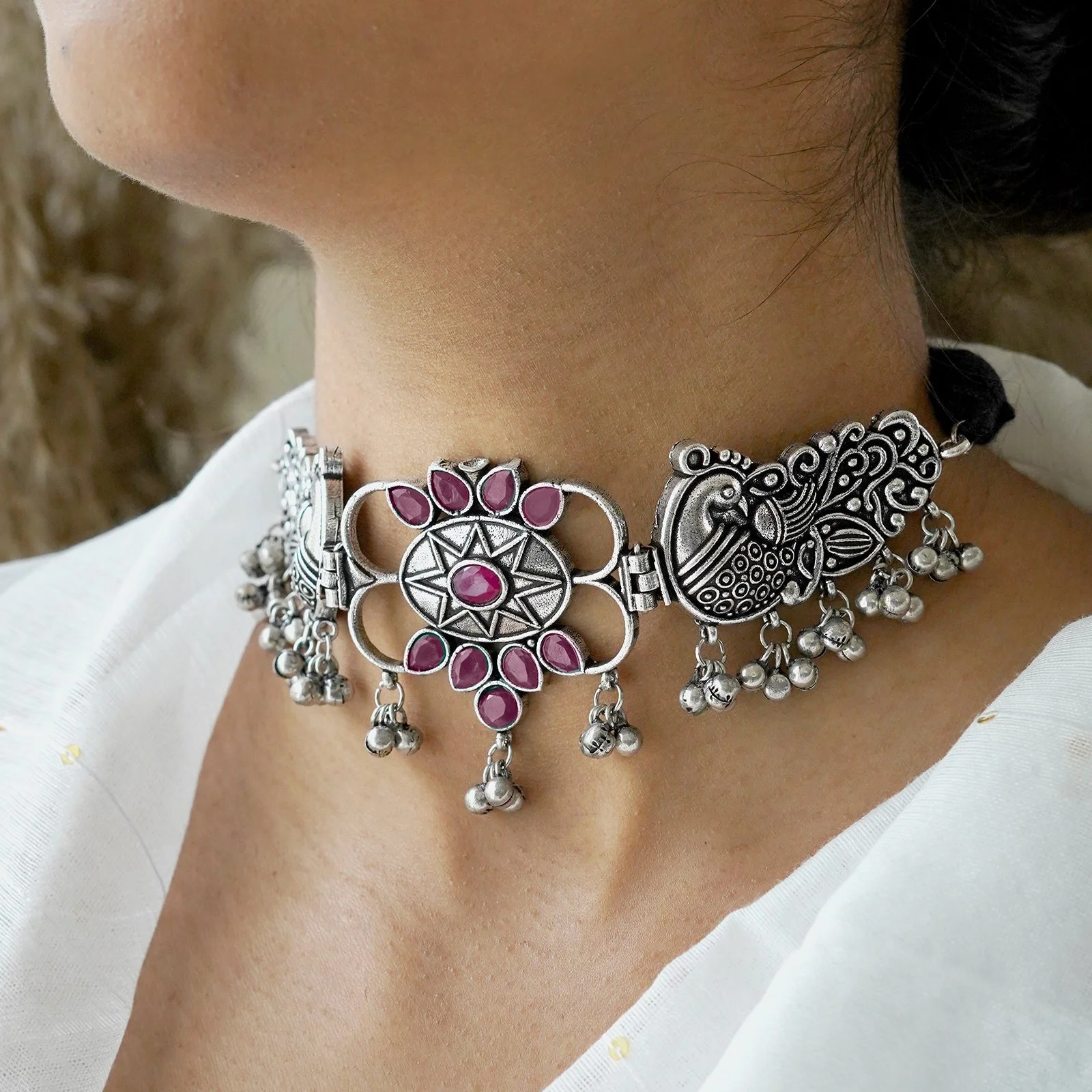 Teejh Parul Pink Peacock Choker Necklace - Image 2