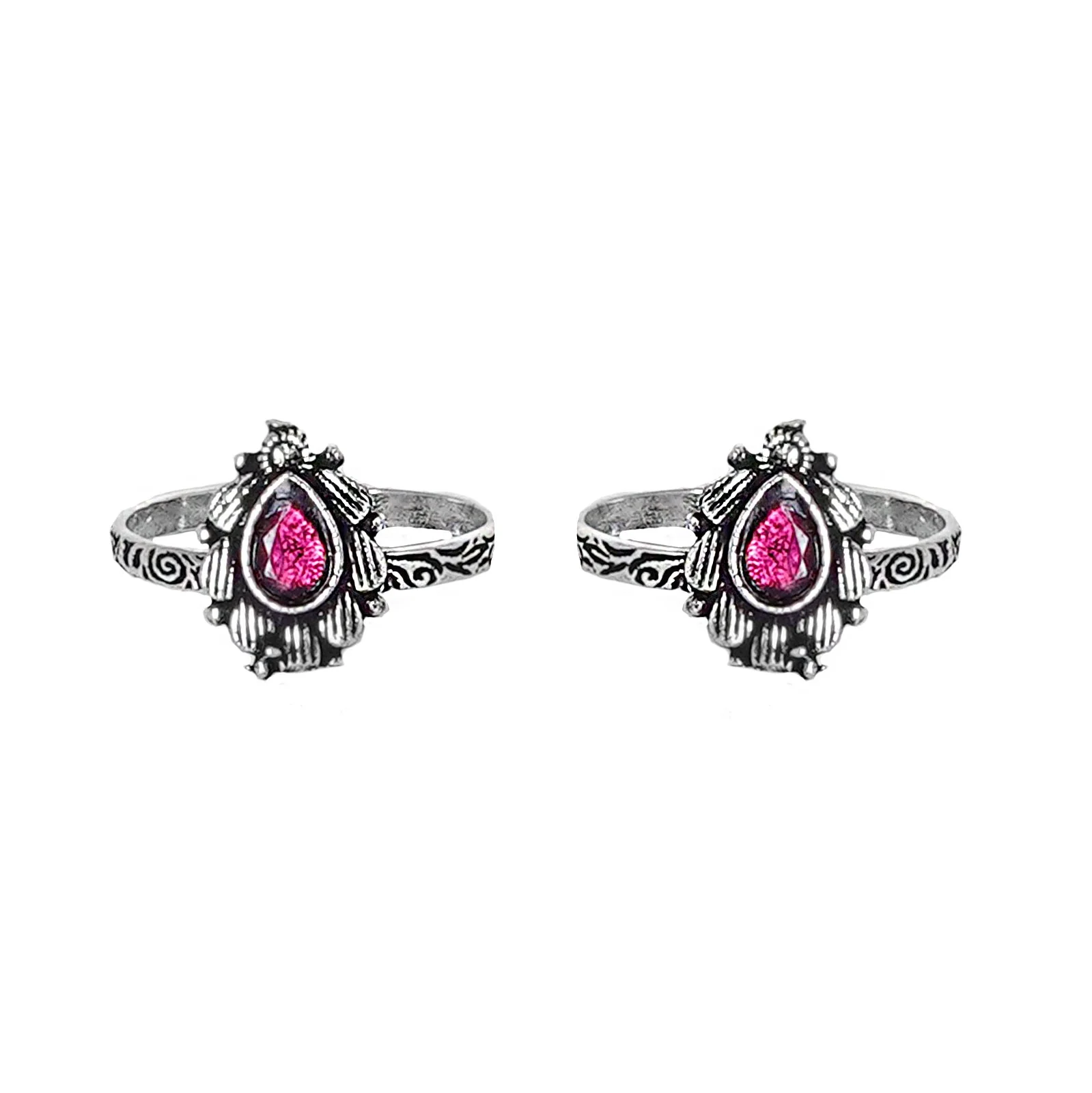 Teejh Pravya Pink Stone Silver Oxidised Toe Rings - Image 3