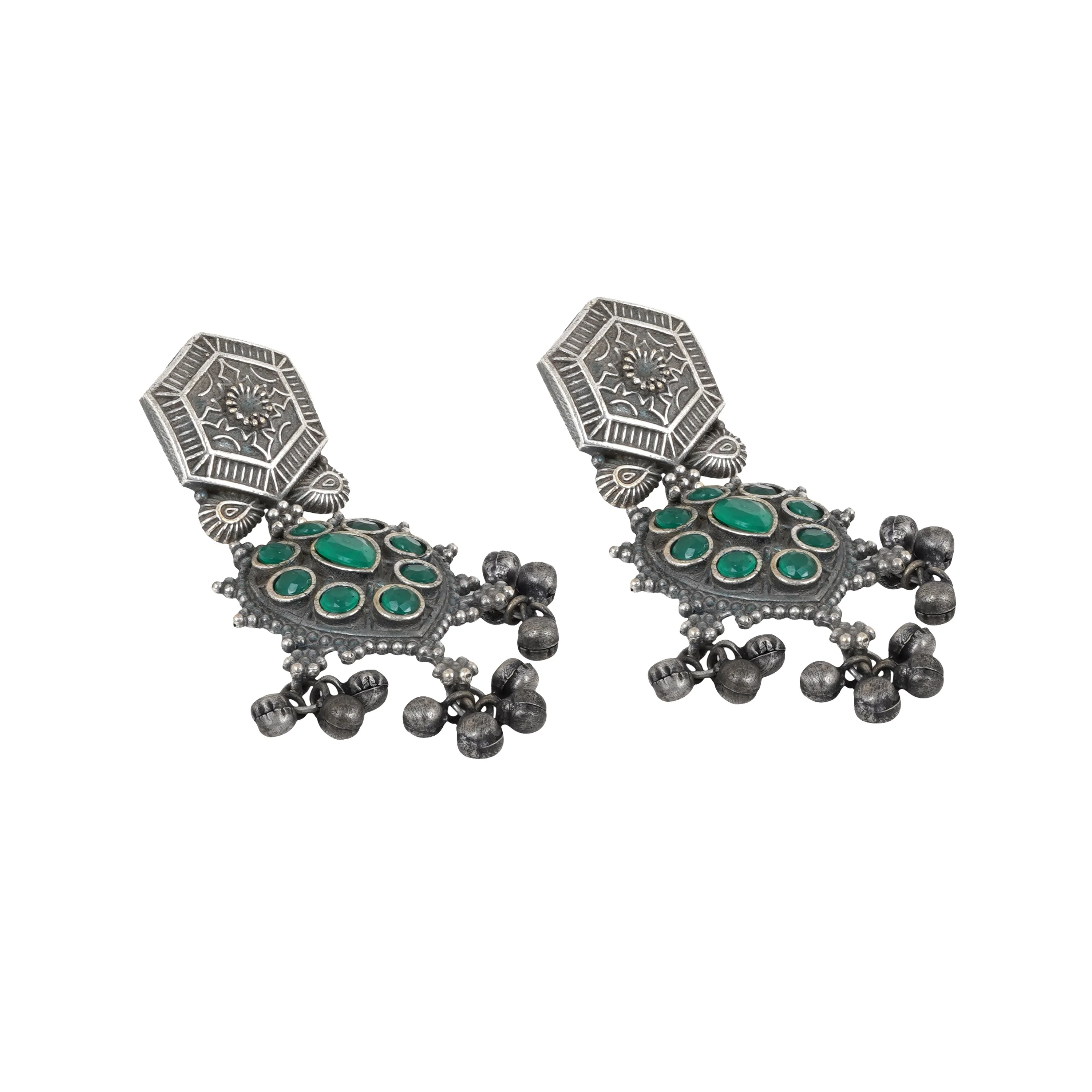 Teejh Prisha Green Silver Oxidised Earrings - Image 2