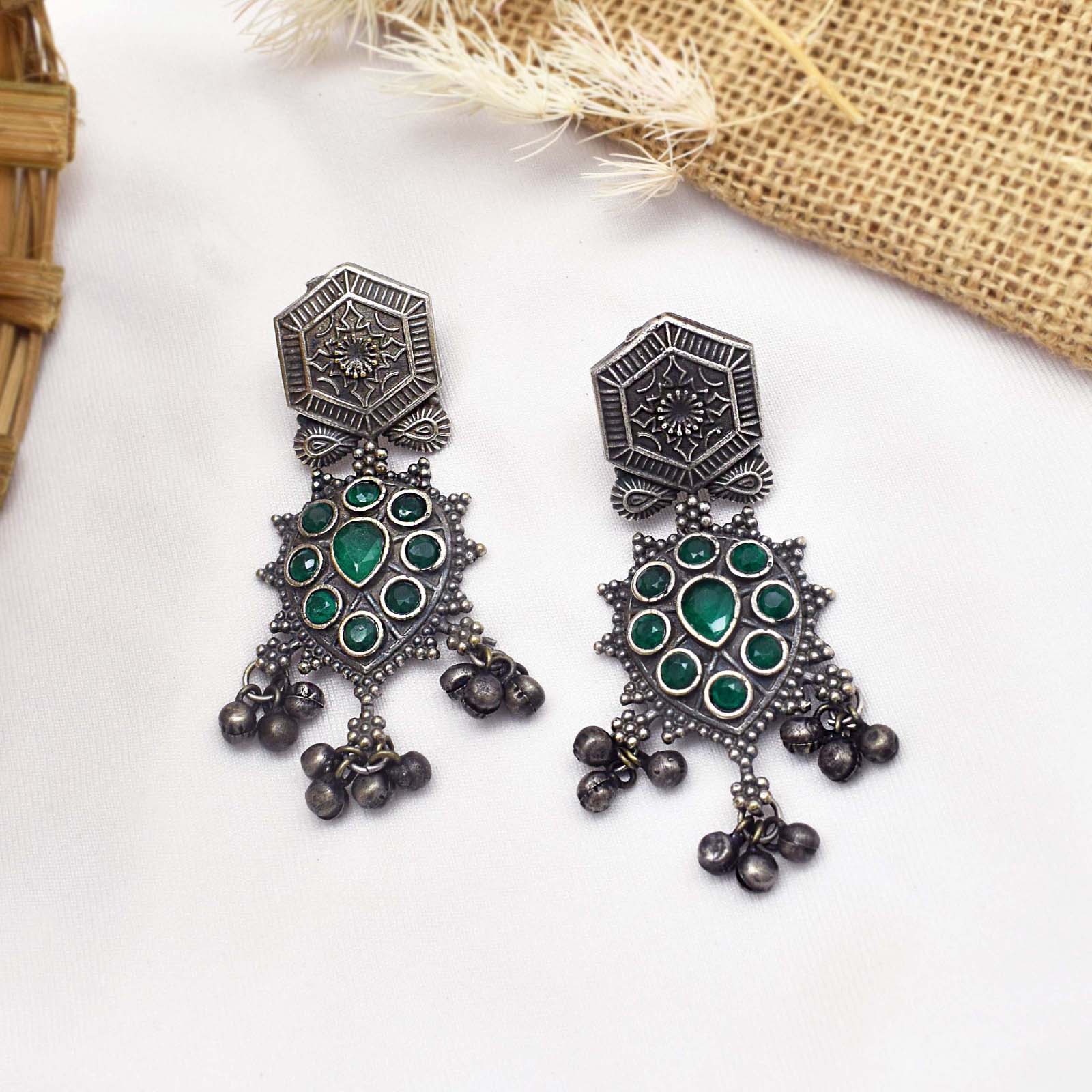 Teejh Prisha Green Silver Oxidised Earrings - Image 4