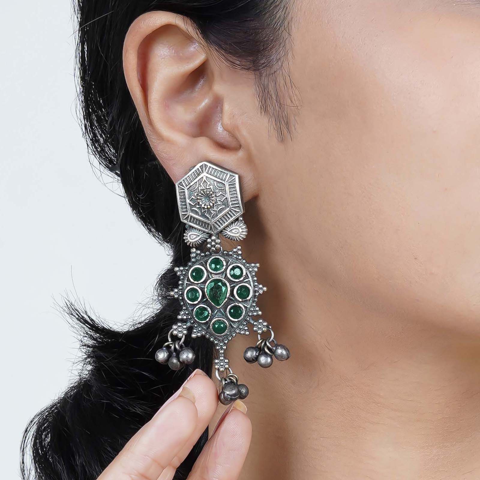 Teejh Prisha Green Silver Oxidised Earrings - Image 5