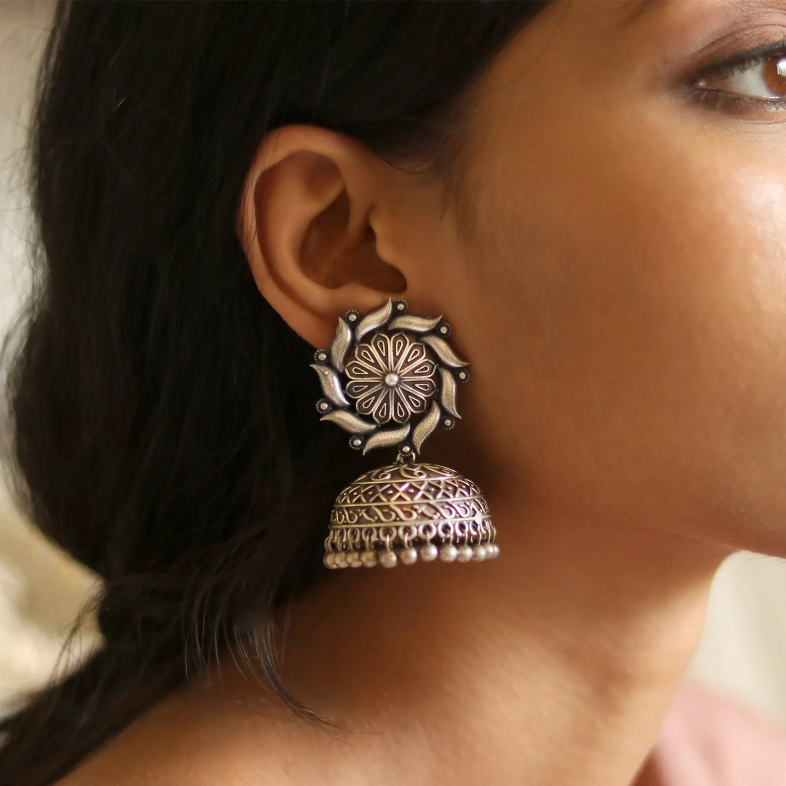 Teejh Prisha Silver Oxidised Floral Jhumki Earrings - Image 2