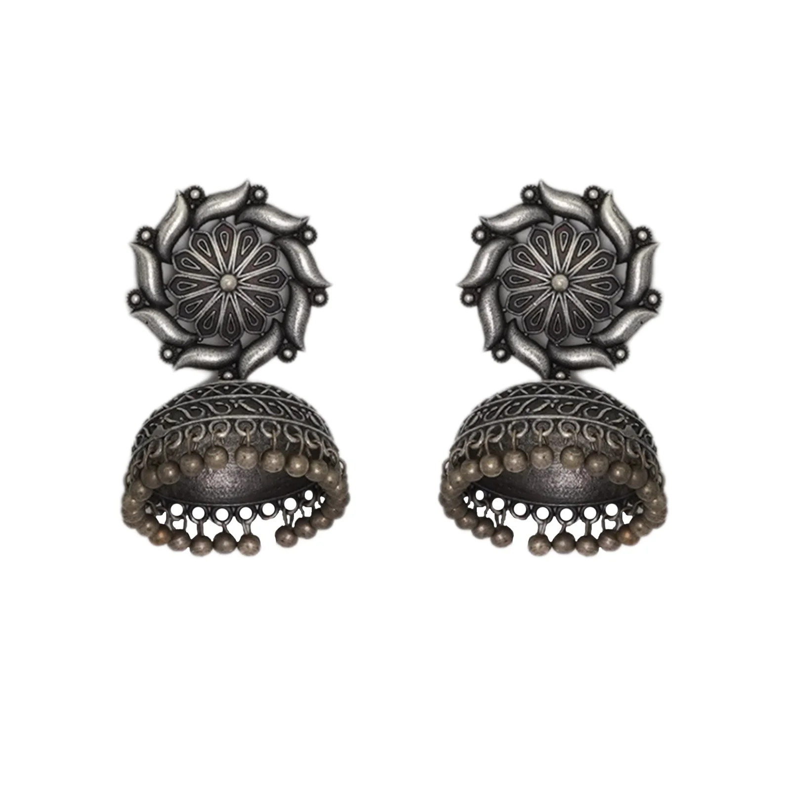 Teejh Prisha Silver Oxidised Floral Jhumki Earrings - Image 3