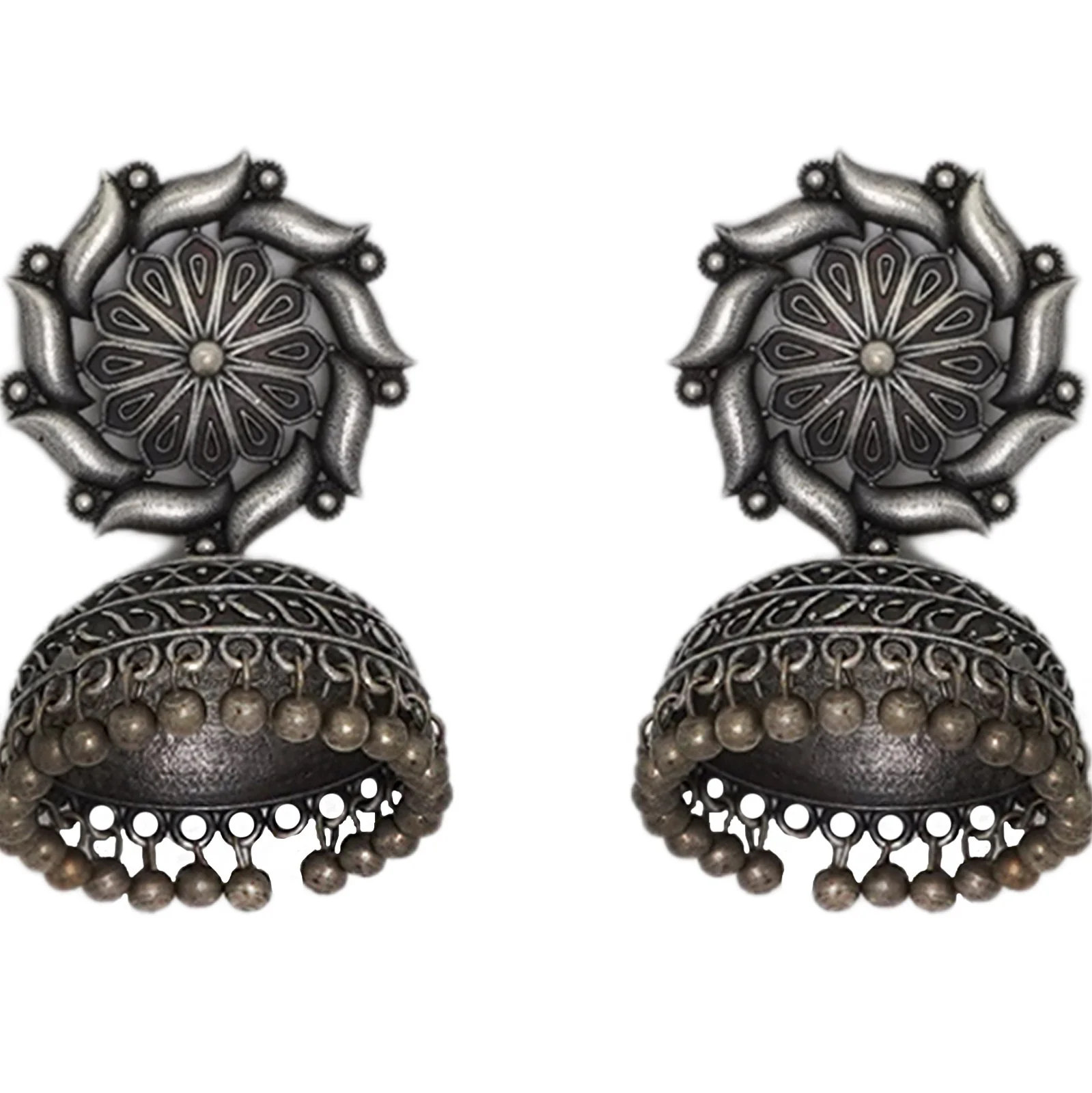 Teejh Prisha Silver Oxidised Floral Jhumki Earrings - Image 4