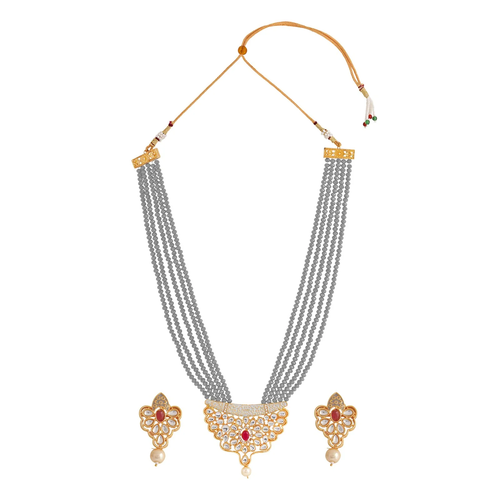 Teejh Ranihaar Light Grey Beads And Stone Necklace Set - Image 2