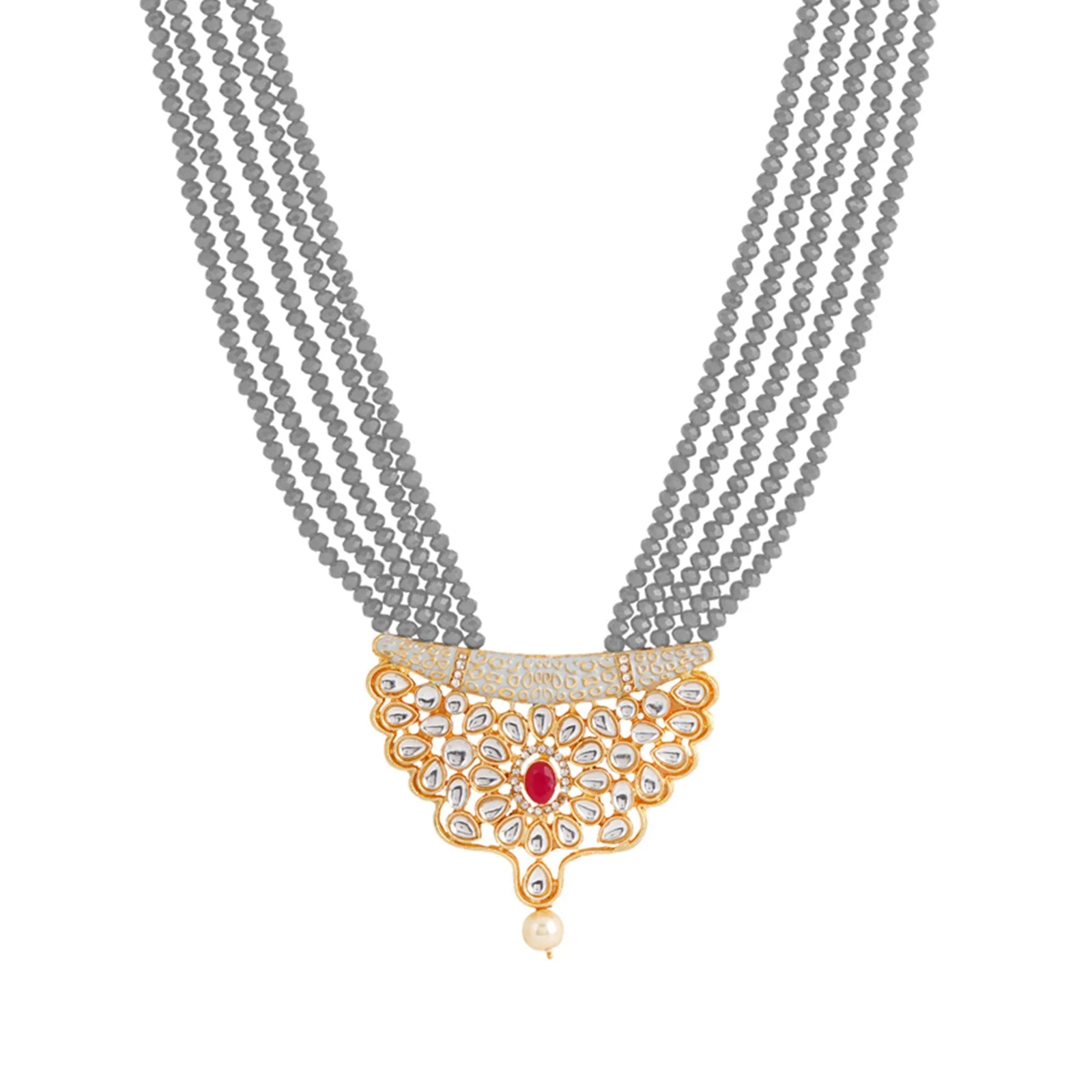 Teejh Ranihaar Light Grey Beads And Stone Necklace Set - Image 3