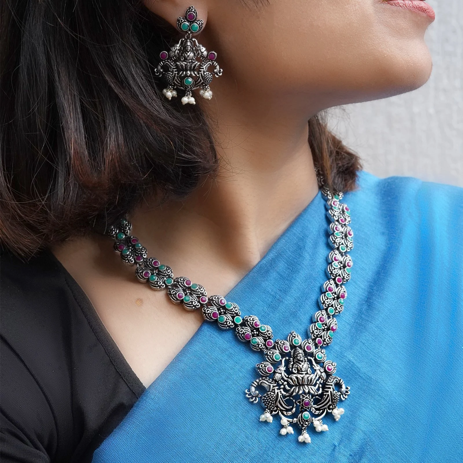 Teejh Ridhi Multi Colored Temple Work Necklace Set - Image 2
